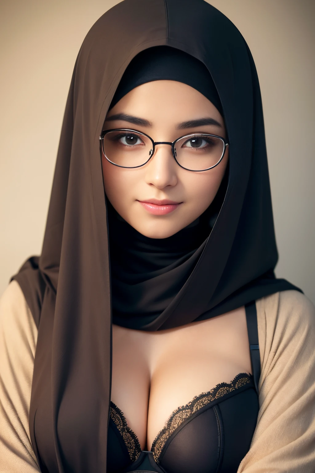 glasses, sportsbra, cleavage, hijabi, Absurd, ultra-detailed, high quality, masterpiece, detailed face, beautiful eyes(detailed eyes), Greek mythology Goddess, Hestia, goddess of the hearth and home, gentle and graceful, face exudes warmth and kindness, eyes described as soft and comforting, gentle and steady gaze, overall appearance is simple and modest, The fabric of her garments is usually depicted as soft and earth-toned, beauty lies not in extravagant adornments, Her smile is serene and welcoming