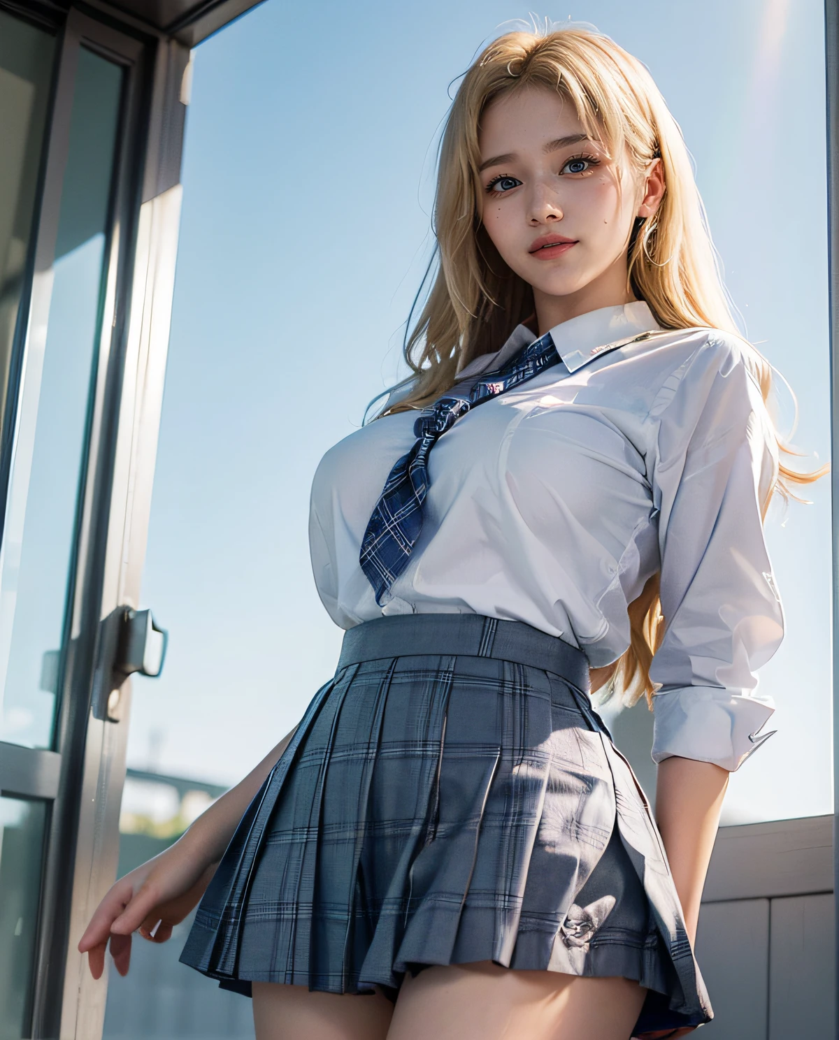 1girl, (Blue eyes), (smile), (Sana Minatozaki), wide hips, Big Boobs, big ass, (Best Quality, 8k, Masterpiece: 1.3), perfect hands, Clear Focus: 1.2, Perfect Body Beauty: 1.4 , Slender Abs: 1.2, Highly detailed face and skin texture, detailed eyes, double eyelids, (blonde long hair), (white dress shirt :1.2), (plaid skirt flying in the air :1.3), ((japanese school uniform)), ((schoolgirl :1.3)), (standing showing panties :1.3), (view from below :1.2), at the entrance of a Japanese school