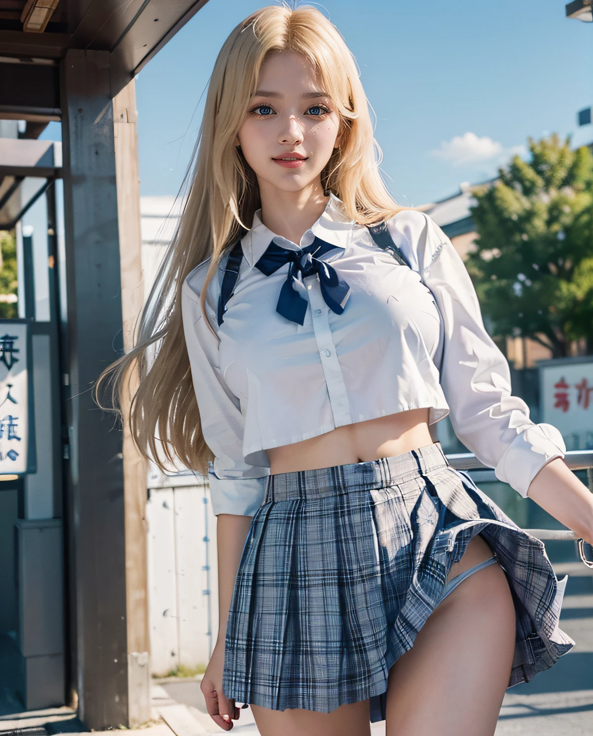 1girl, (Blue eyes), (smile), (Sana Minatozaki), wide hips, Big Boobs, big ass, (Best Quality, 8k, Masterpiece: 1.3), perfect hands, Clear Focus: 1.2, Perfect Body Beauty: 1.4 , Slender Abs: 1.2, Highly detailed face and skin texture, detailed eyes, double eyelids, (blonde long hair), (white dress shirt :1.2), (plaid skirt flying in the air :1.3), ((japanese school uniform)), ((schoolgirl :1.3)), (standing showing panties :1.3), (view from below :1.2), at the entrance of a Japanese school
