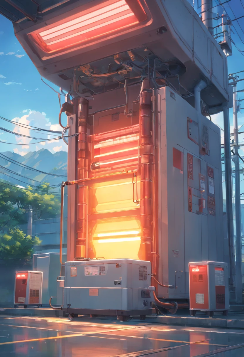 a large generator，There are warning lights and warning signs above the generator。Due to excessive power consumption，The warning light on the generator is flashing red