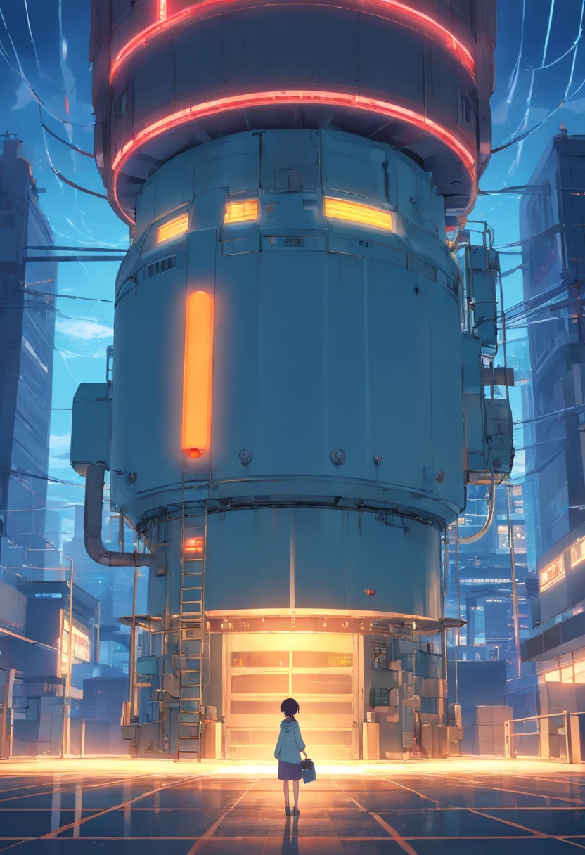 a large generator，There are warning lights and warning signs above the generator。Due to excessive power consumption，The warning light on the generator is flashing red
