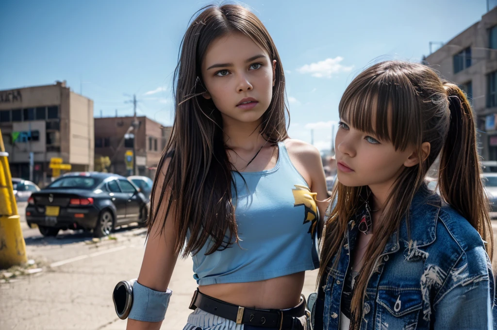 In a broken city with crumbling streets, a scene of doomsday unfolds. The focal point of the image is 13 year old girls with a disheveled appearance, wearing shabby clothes that barely cover her body. Her expressive eyes reveal a mix of fear and determination, looking for someone to help, 

((Her shirt is light blue with two yellow vertical strips)), ((two vertical yellow strips on shirt),) ((she is holding a large cyberpunk  weapon)), she has patches with nuclear symbols on them, she has ((steel armor on her shoulders)) and neck, ((they have very large cyberpunk weapons)), ((yellow strip on shirt))