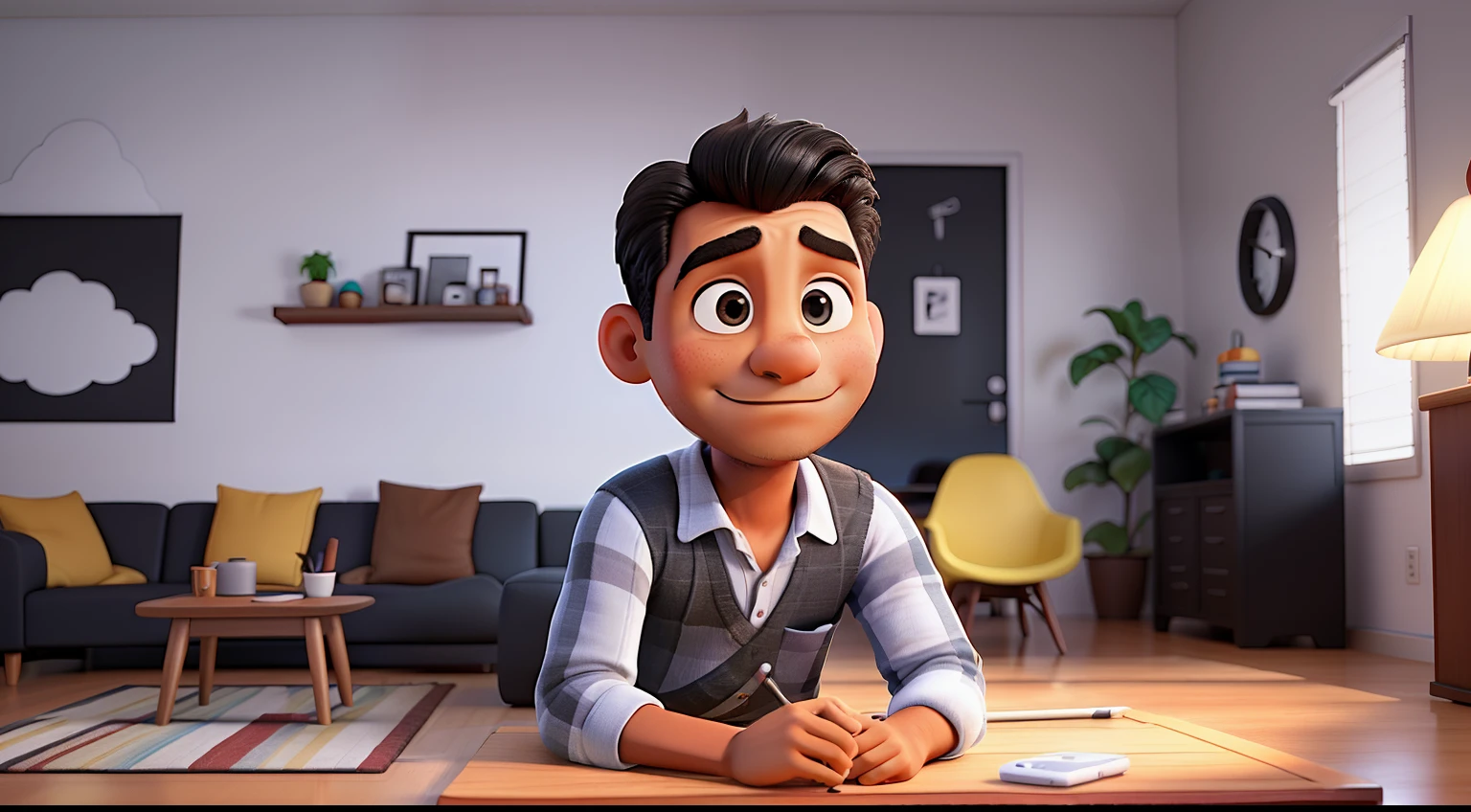 homem de 26 anos, ?????, cabelo bem baixo preto, um piqueno bigode,  olhos castanhos claros . .ambiente na sua casa na sala sentado. ambiente; cinematografic, luz suave, retroiluminado, micro detalhes, renderizado, fotorrealista, cinemactic , 85 mm 1,4