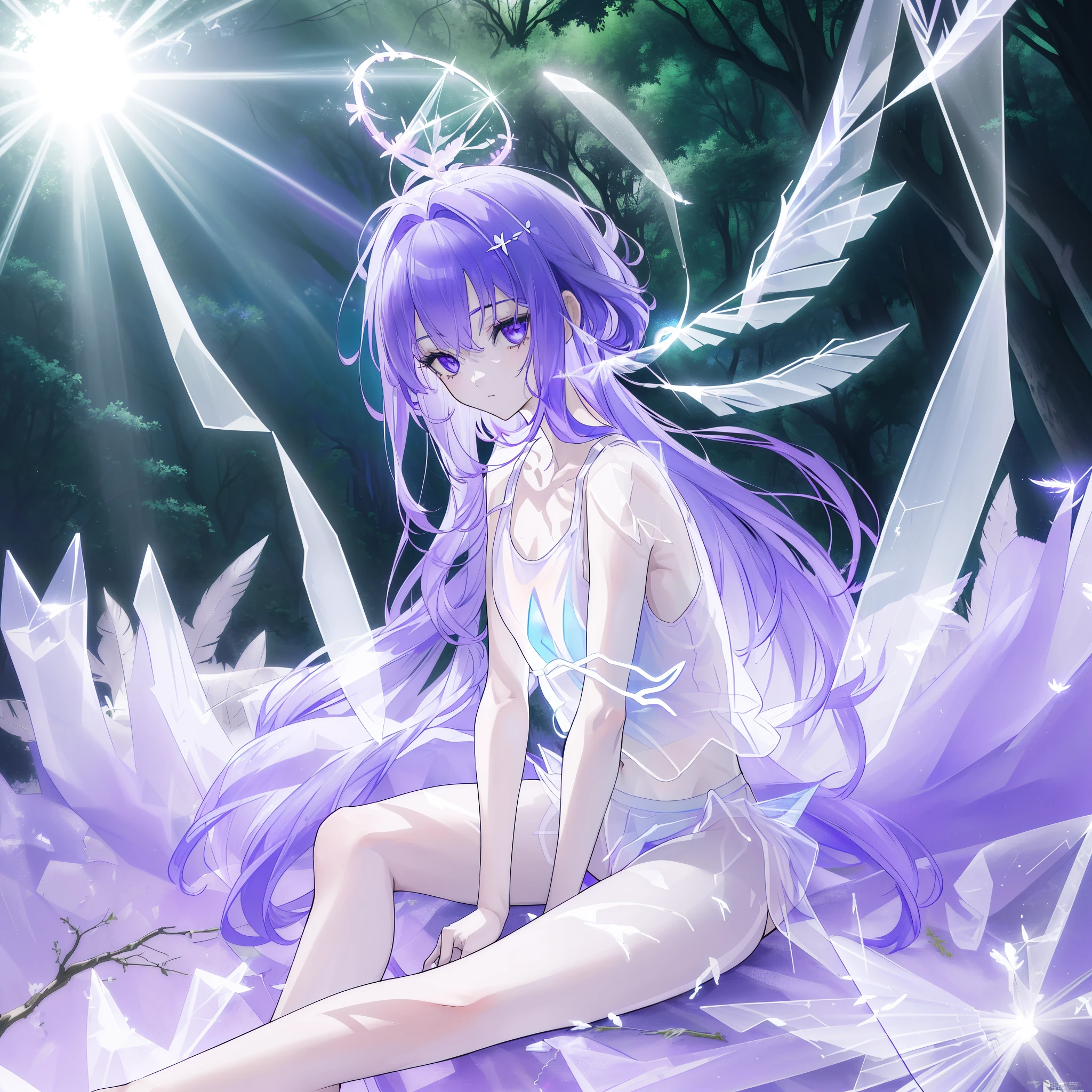 (((A medium view)) of an anime girl, (sitting down in a (forest), (((strong sunlight))), cinematic light, slim body, skin is perfectly healthy, soft, and smooth, ((legs stretched straight)), Extremely delicate and beautiful CG illustration, best quality, high resolution, dynamic angle, full-length lens, (1 girl), floating, soft light, high-key lighting), colorful light, purple halo, feathers fluttering background, blue crystal, (((wearing nothing but a white (pure) (transparent) tank top))), ((very cinematic))