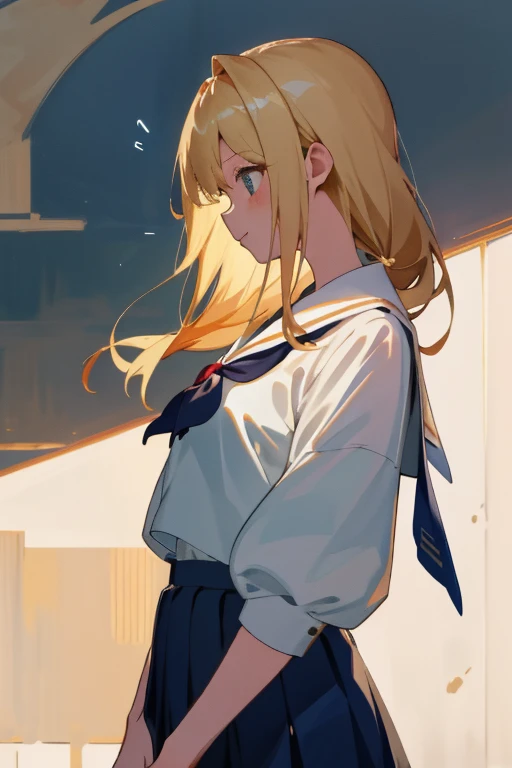 (8K、top-quality、top-quality、​masterpiece、ighly detailed: 1.2)、女の子 1 人、The upper part of the body、femele、full of shyness、Mouth open、at noon、 head-on、blonde  hair、a blond、Wearing a sailor suit、in school uniform、Pupils、Breasts are big、Facing to the side、profile