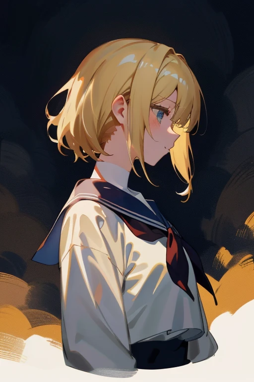 (8K、top-quality、top-quality、​masterpiece、ighly detailed: 1.2)、女の子 1 人、The upper part of the body、femele、full of shyness、Mouth open、at noon、 head-on、blonde  hair、a blond、Wearing a sailor suit、in school uniform、Pupils、Breasts are big、Facing to the side、profile