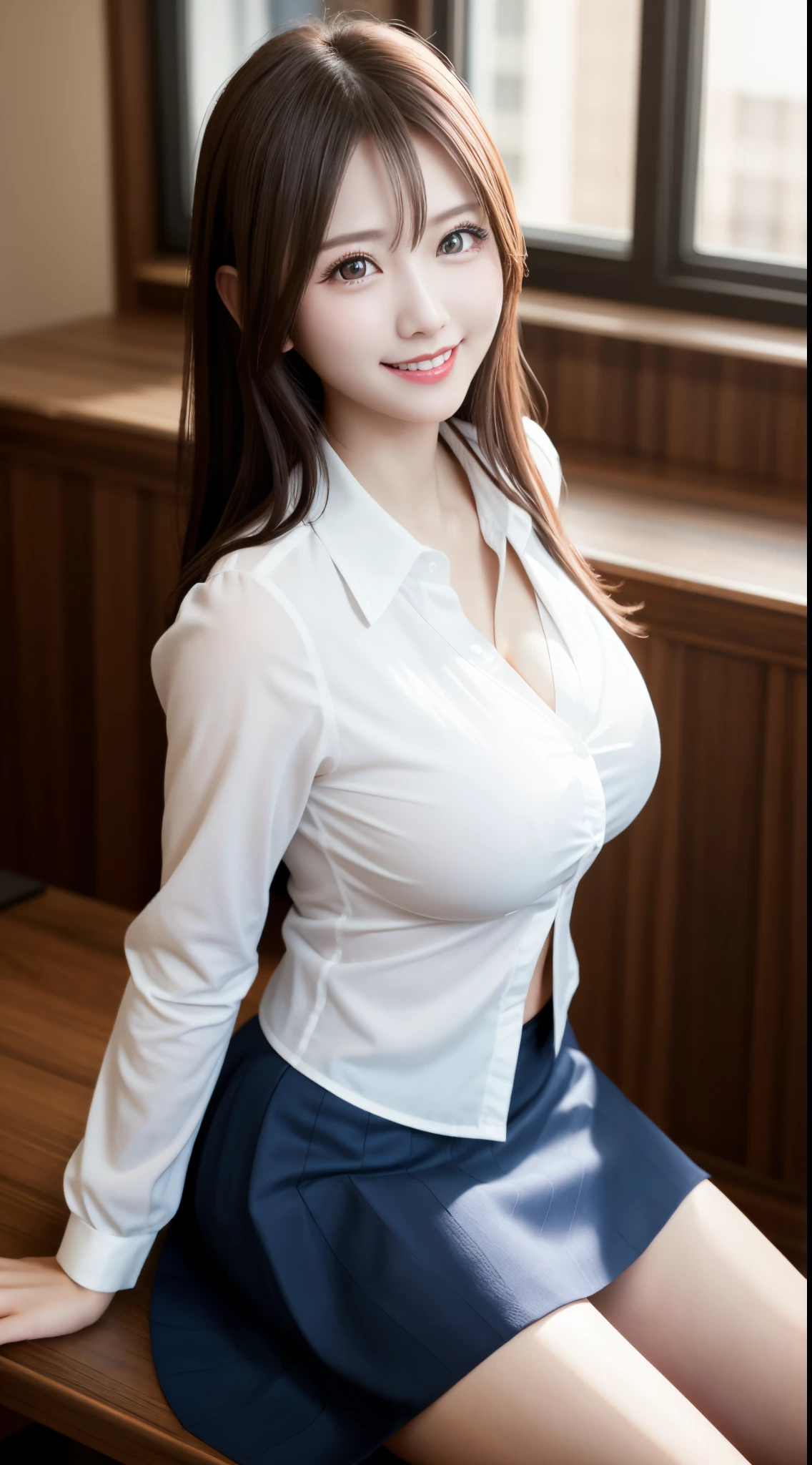 On a table, Best quality at best, 8K, 1 super beautiful woman, beautiful boobs, white shirt, a blue tie, pleatedskirt, F, ssmile、Perfect balance、Perfect style、