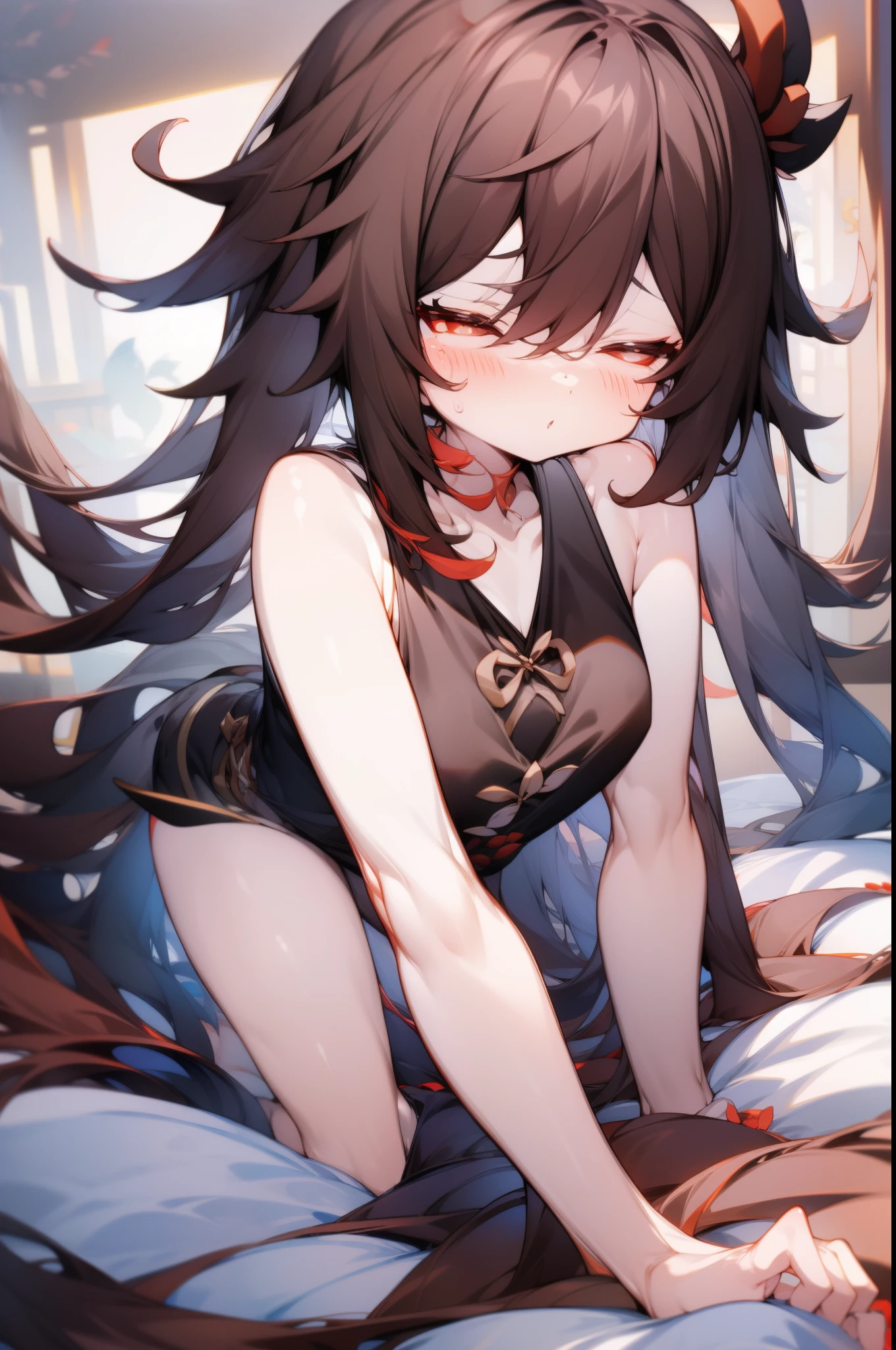 （（tmasterpiece，Best quality））Genshin walnut，独奏， Ultra-detailed eyes，Upper part of the body，exposed bare shoulders，校服，Lying in bed bleary-eyed