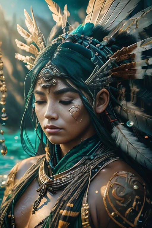 (full portrait), (half shot), solo, detailed background, detailed face, (stonepunkAI, stone theme:1.1), wise, (female), (native american), (beautiful hair, braids:0.2), shaman, septum piercing, mystical, (gorgeous face), stunning, head tilted upwards, (eyes closed, serene expression), calm, meditating, Seafoam Green frayed clothes, prayer beads, tribal jewelry, feathers in hair, headdress:0.33, jade, obsidian, detailed clothing, cleavage, realistic skin texture, (floating particles, water swirling, embers, ritual, whirlwind, wind:1.2), sharp focus, volumetric lighting, good highlights, good shading, subsurface scattering, intricate, highly detailed, ((cinematic)), dramatic, (highest quality, award winning, masterpiece:1.5), (photorealistic:1.5), (intricate symmetrical warpaint:0.5),