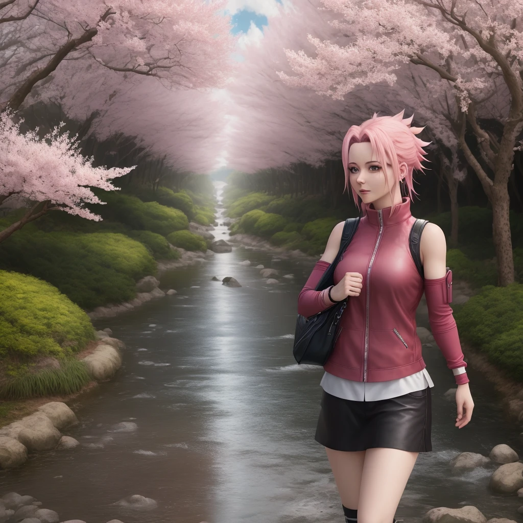 Sakura Haruno, real, Hd , ultra realismo, cabelo brilhante, paisagem.
