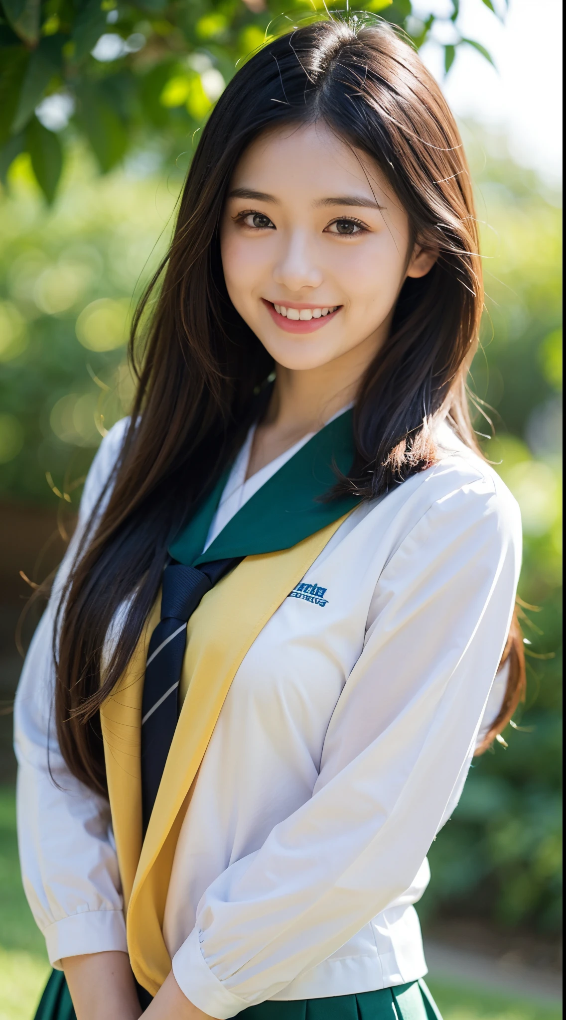 girl, long whitr hair,japanes ,Happy smile, yellow school uniforms,,schools, Stand up,Side Body, actual,with dynamism, Green background, Extremely Delicately Beautiful, The is very detailed
