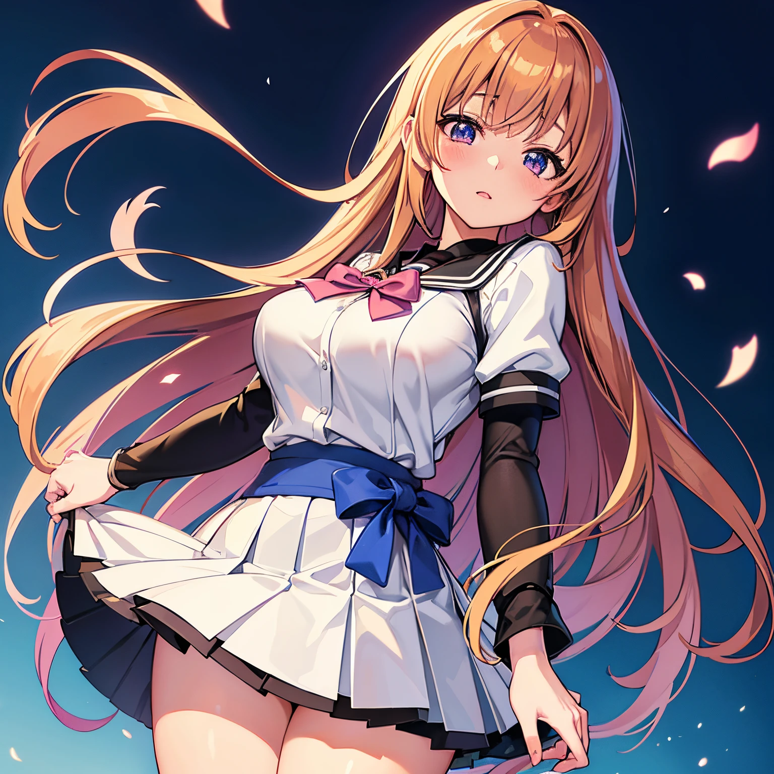 masterpiece, high resolution, best quality, beautiful art, charming art, detailed hands, 1 woman, solo, Power, mature woman, medium breasted, cleavage, wearing a Sailor Moon outfit, full body, sexy legs, sexy posing, wind blowing up her short skirt showing her white panties, looking at the viewer with passion, flirting, moonlight environment 