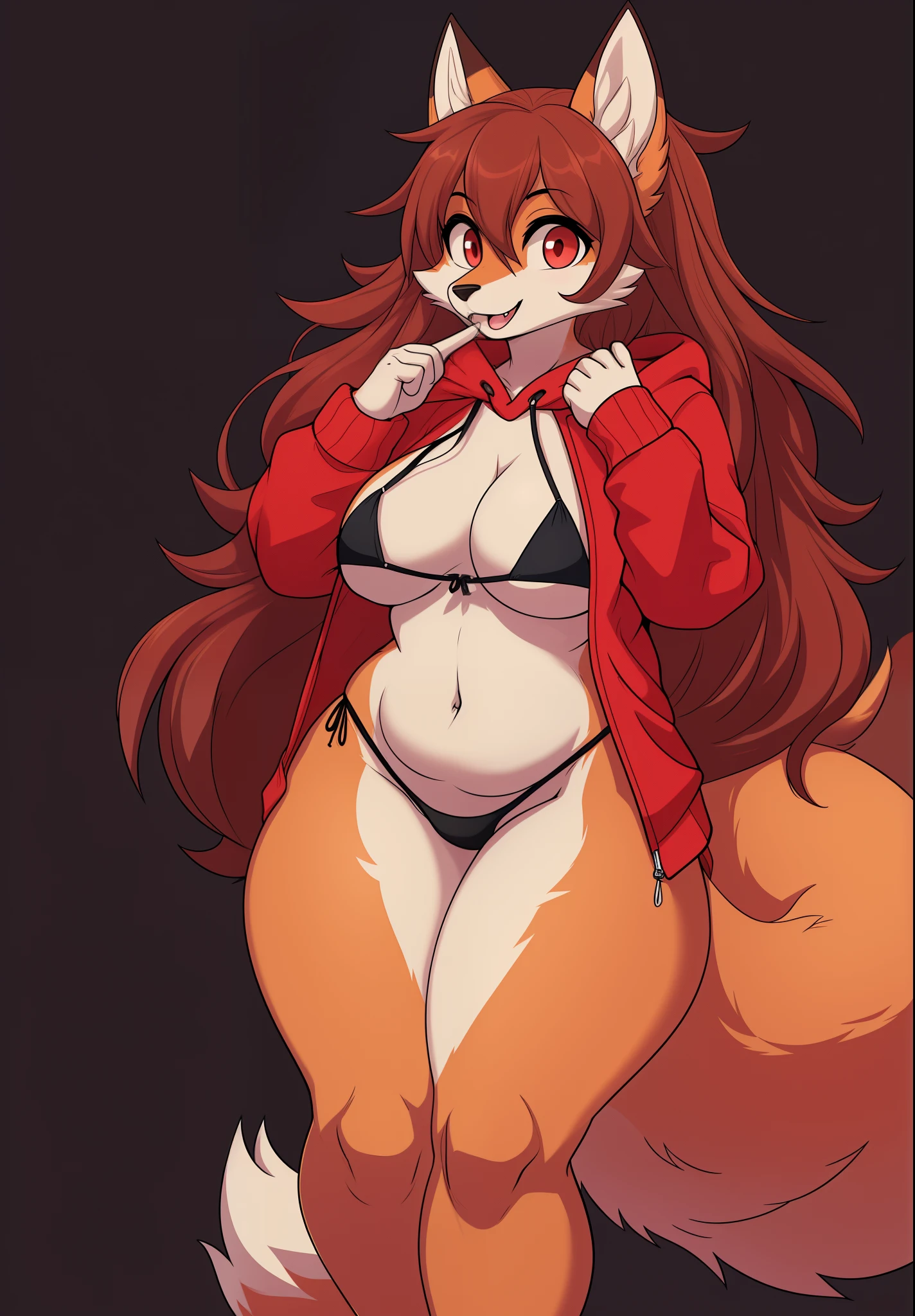 anthro, fox, mommy with micro bikini, thicc body, solo, long hair, red eyes, fangs, full body, big tail, dark background, open hoody