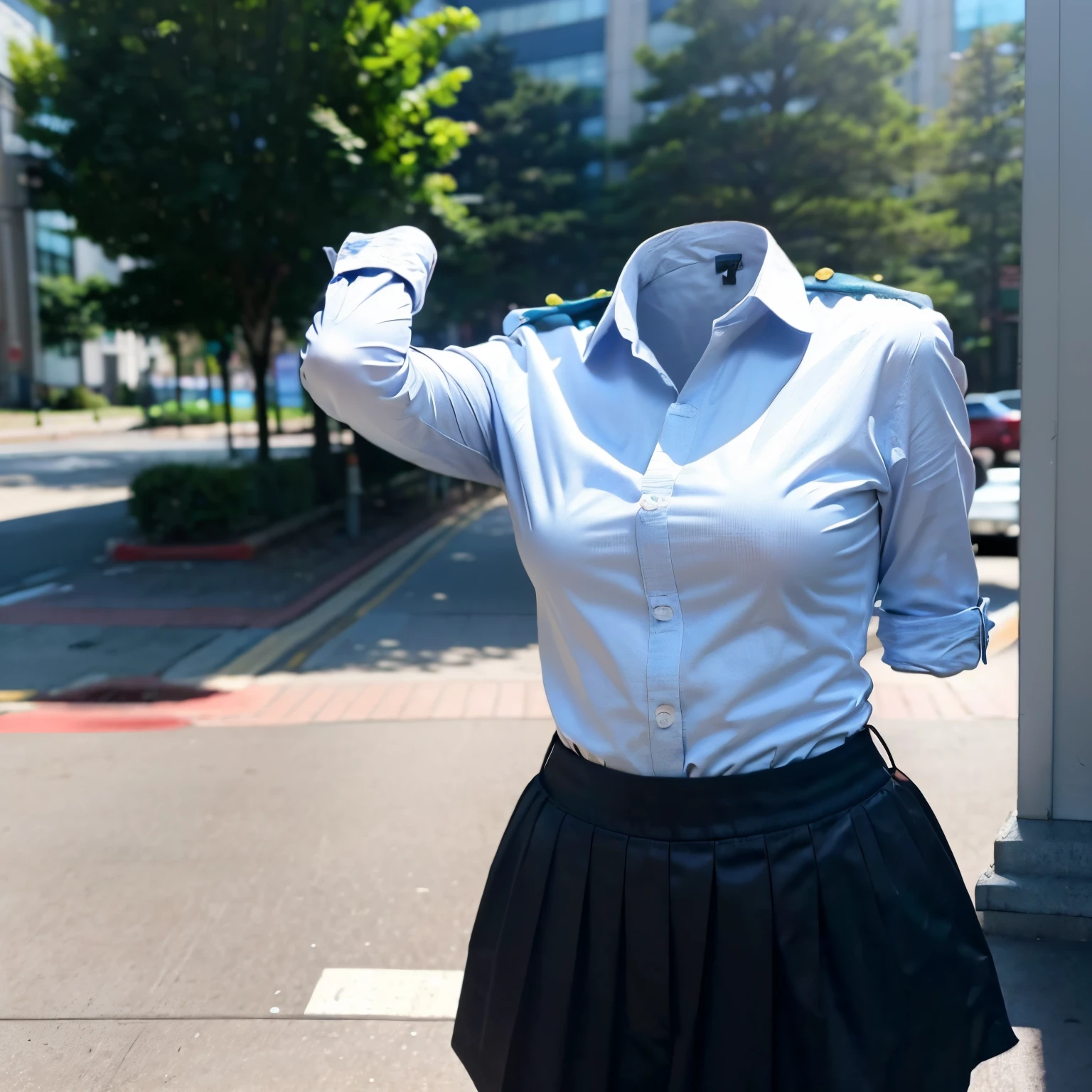 (chubby, fat), school uniform, school tie, (smartphone in chest pocket), (cute pose), (invisible, no humans, headless, faceless:1.5), (cute big breasts), (close-up shot of hip), (16k, RAW photo, best quality, masterpiece:1.3), (realistic, photo-realistic:1.37), photon mapping, radiosity, ((Hasselblad photography)), physically-based rendering