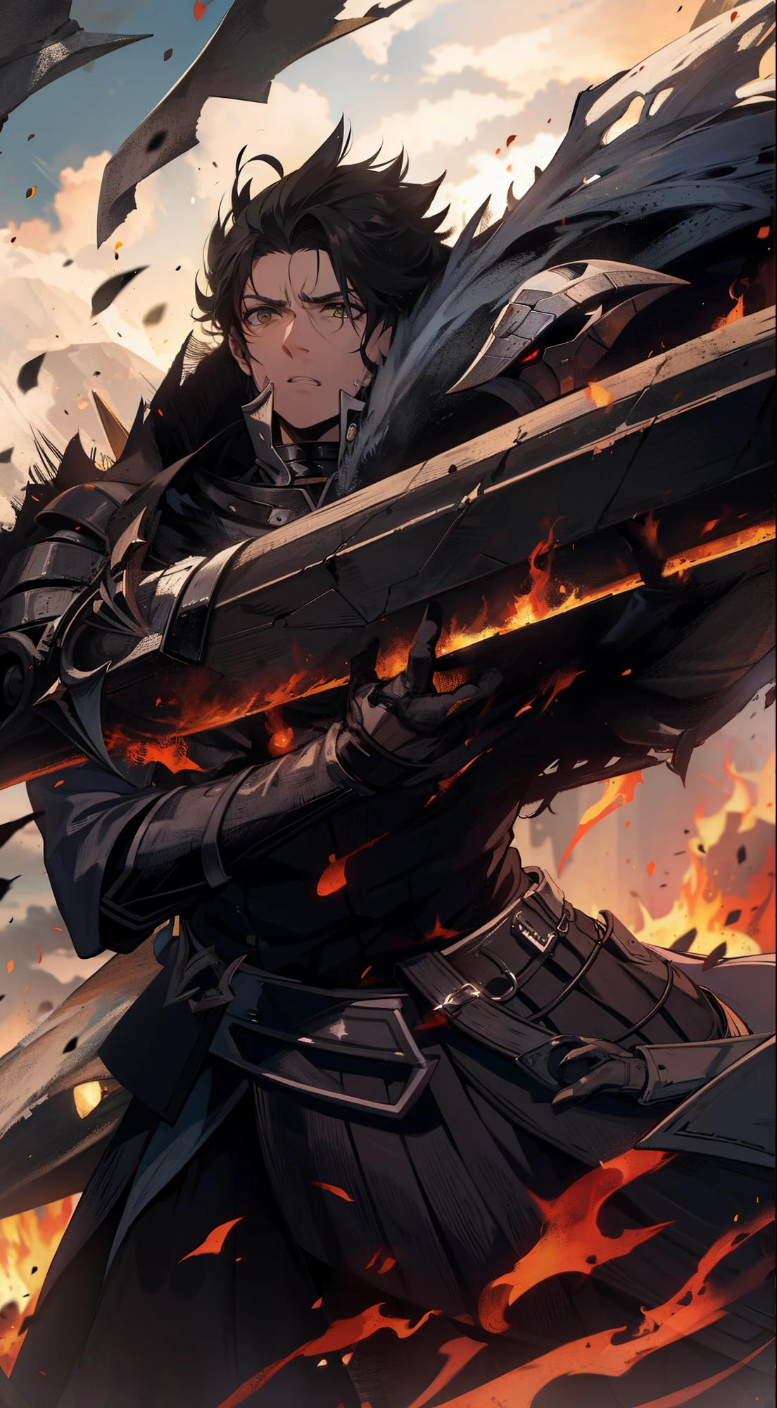 Homem, segurando uma espada, fogo, armadura negra,capa rasgada