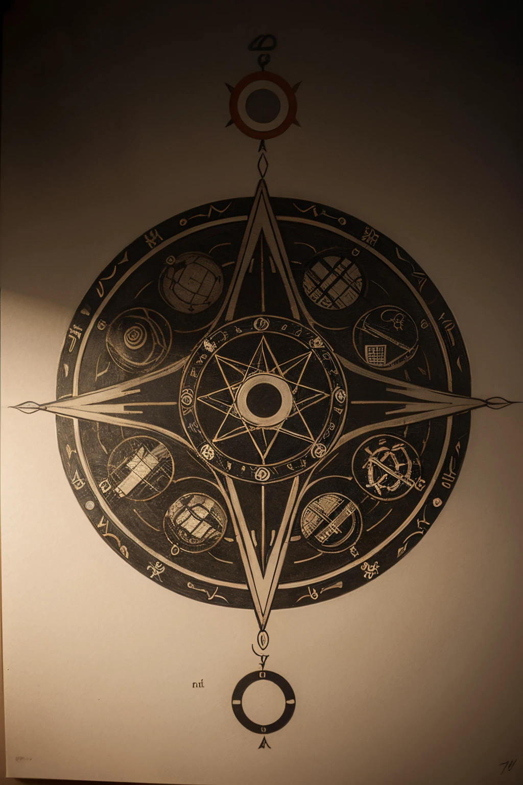 using symbols, runas, geometric shapes and characters from all cultures create a fifth level magic circle drawn on paper