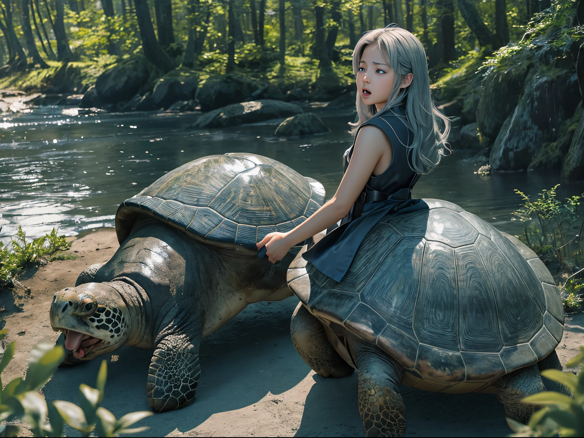 (​masterpiece), realistic, cinematic light,15-year-old girl, ride on a big turtle, full body, from above and side, beautiful eyes, silver hair, perfect anatomy, very cute, (blue eyes), bio luminescent, 8 class large, 8K, human hands, character sheets, concept-art, smooth and detailed hairstyle, Fractal art, eyes shed tears while holding back the pain, open mouth and stick your tongue out,