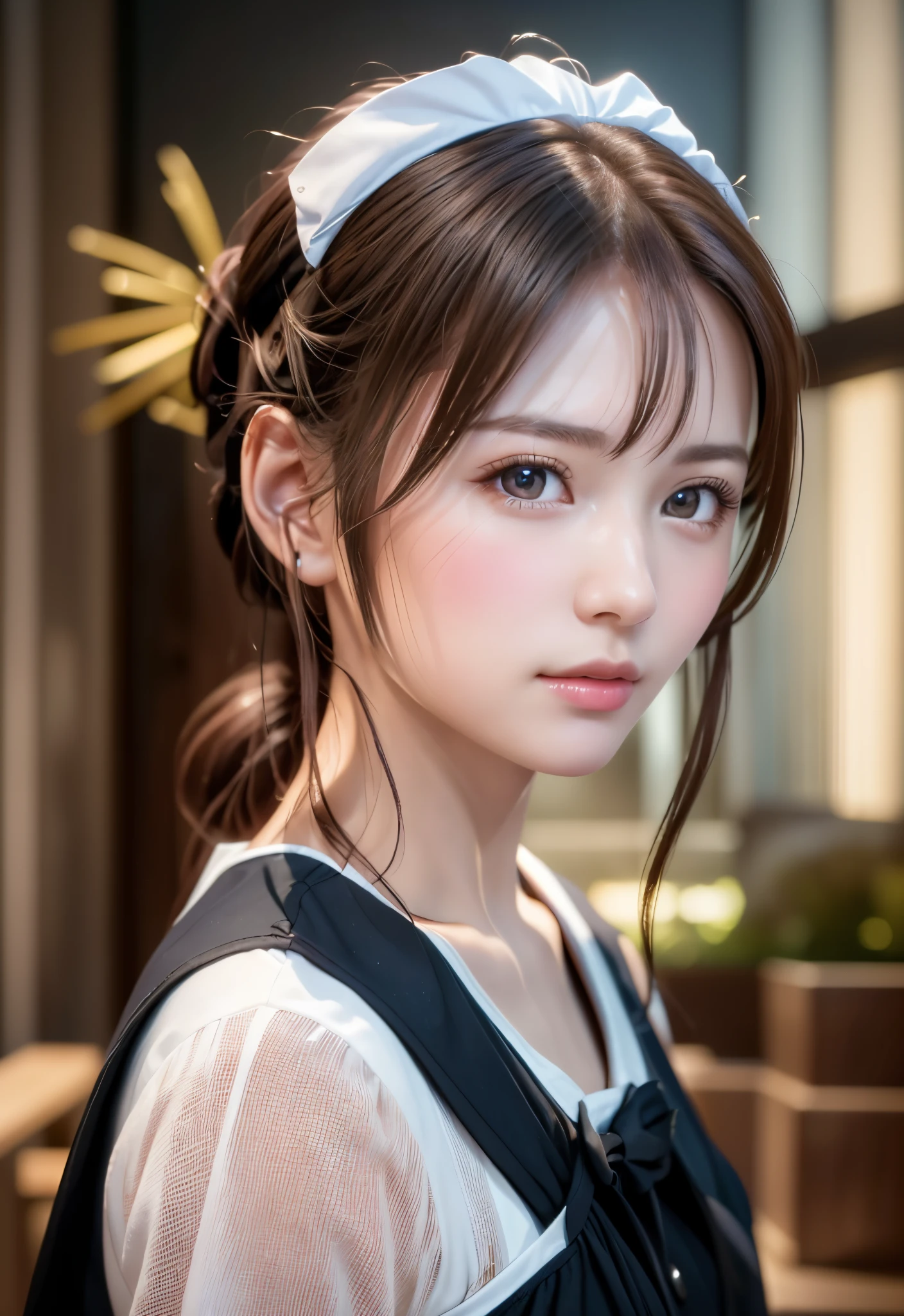 8K, of the highest quality, masutepiece:1.2), (Realistic, Photorealsitic:1.37), of the highest quality, masutepiece, Beautiful young woman, Pensive expression,、A charming、and an inviting look, Cute Maid Clothes, Hair tied back, Cinematic background, Light skin tone