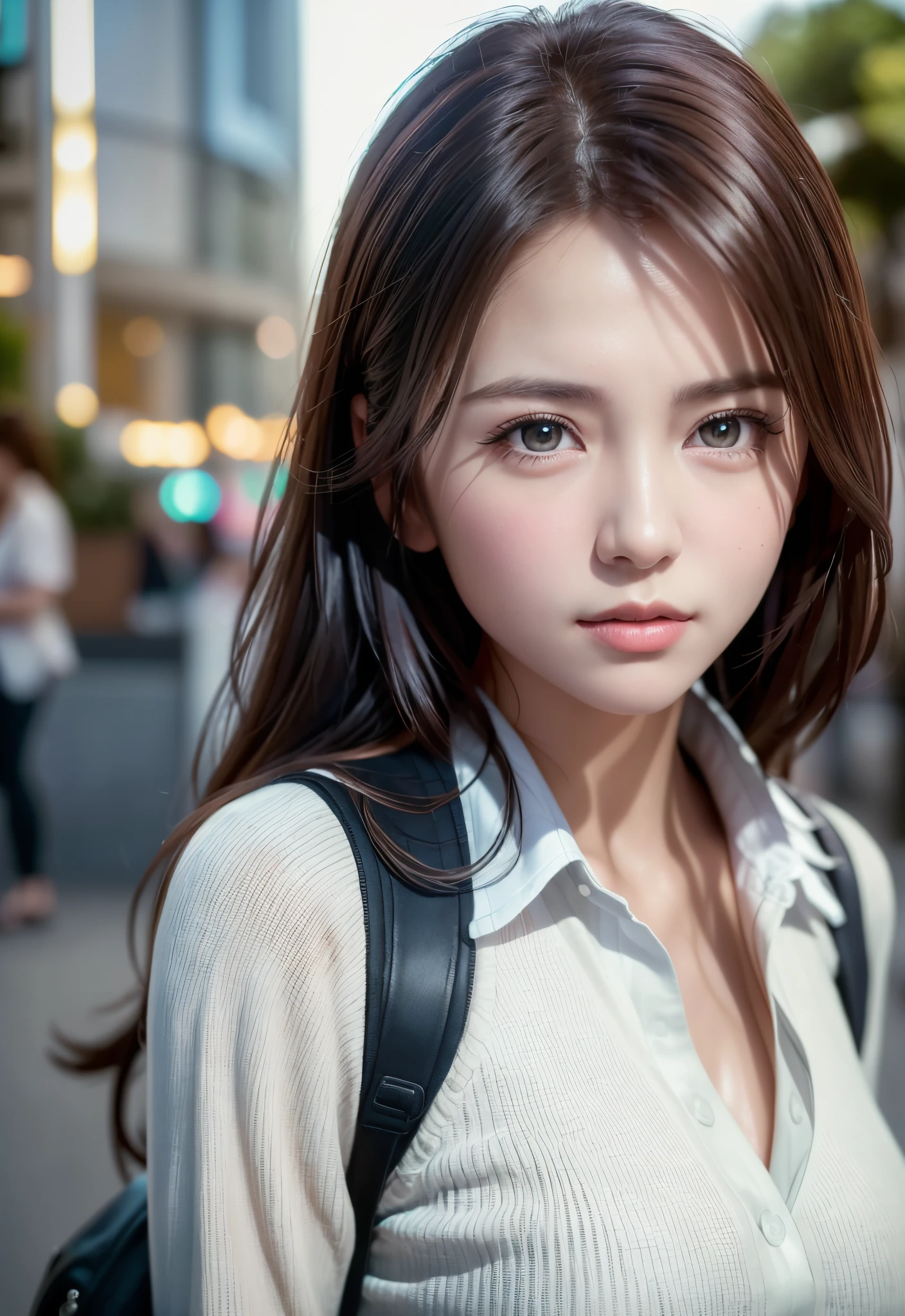 (((realistic photo shot))),, Portrait, (Face of fear:1.3),, Beautiful Girl, Looking at Viewer, , (School uniform:1.2), Shirt buttons and trousers, , (Big cleavage:1),, Japan Street, (details in environment:1.3),, (Raw photo, cg unity, Photography, super realistic details, Sharp Focus, Detailed skin,4K, hight resolution, masutepiece, Best Quality, Realistic, Vibrant:1.2),, (8K,4K, nffsw, High resolution, Professional, Cinematic, movie, Dramatic),, (anamorphic depth of field blur background), Detailed background,