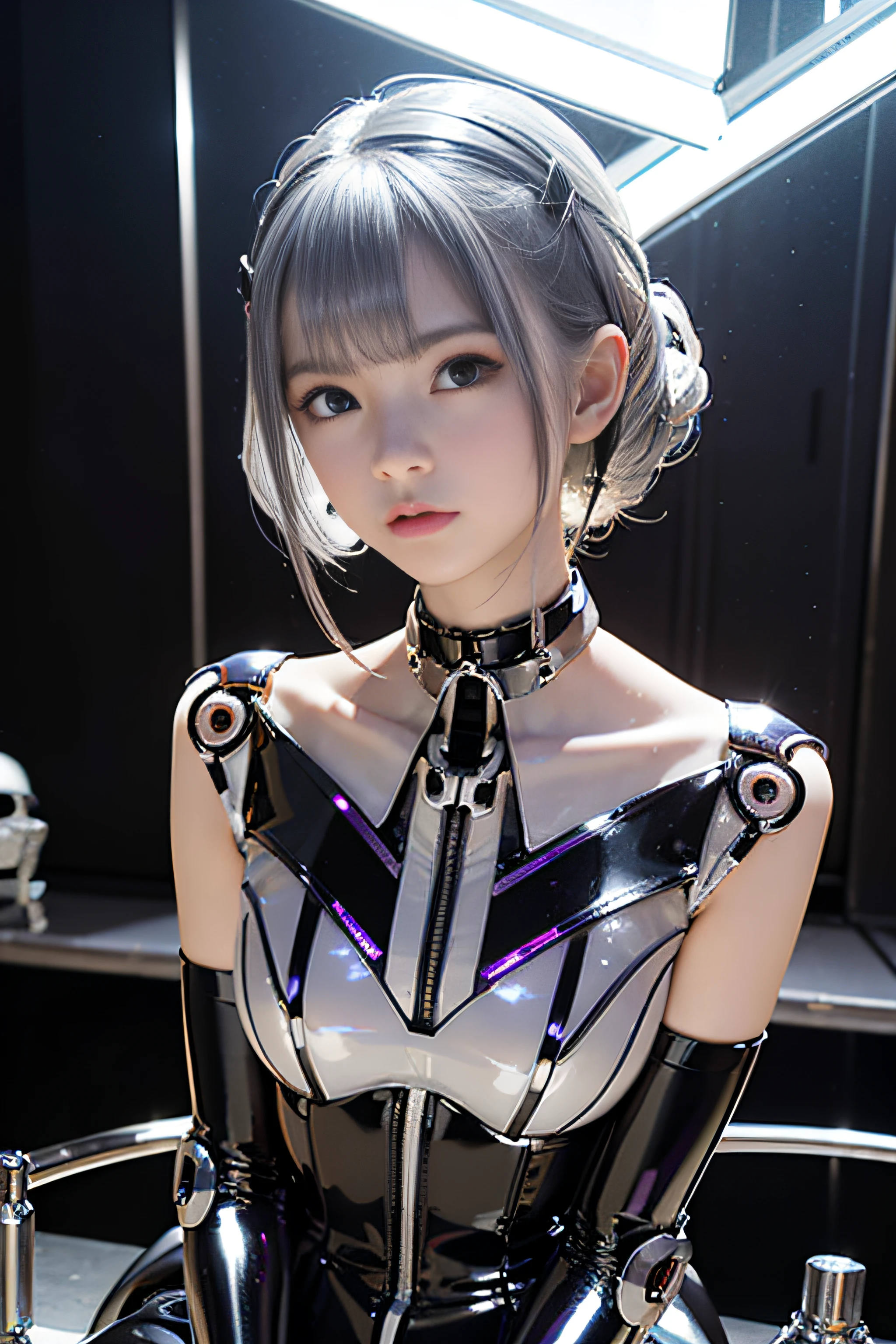top-quality、masterpiece、超A high resolution、(Photorealsitic:1.4)、Raw photo、1人、Black hair、((Under the neck、There is an all-mechanical skeleton without skin:1.4))、(((Colorless transparent latex in the shape of an attractive woman covering the body of the machine:1.4)))、((super realistic details))、portlate、globalillumination、Shadow、octan render、8K picture quality、ultrasharp、((All machine metal is mirror silver plated.:1.4))、Details of complex ornaments、Mechanical skeleton、Blood vessels in the tube、highly intricate detail、Realistic light、CGSoation Trends、a purple eye、radiant eyes、Facing the camera、neon details、Limbs of the machine、mechanical vertebra、Mechanical neck、sitting on、Wires and cables connecting to the head、Gundam、Small LED lamp、(Purple lighting from behind)、
