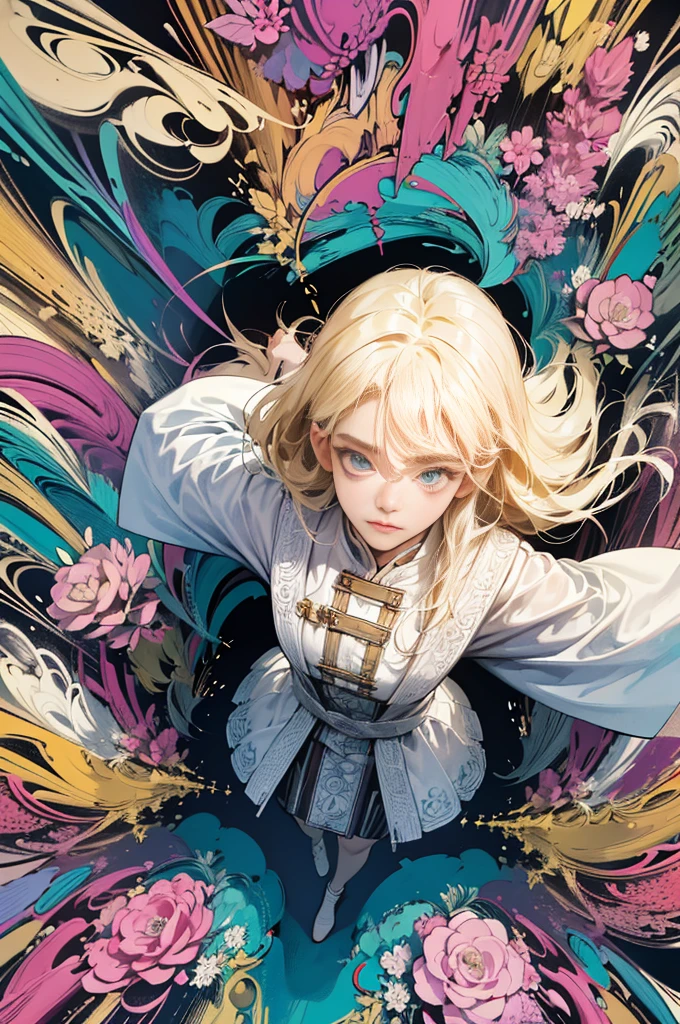 absurdres, highres, ultra detailed, 1girl, solo, extremely detailed eyes, Ultra-precise depiction, Ultra-detailed depiction, (zentangle:1.2), (dynamic pose), (abstract background:1.5), (treditional dress:1.2), short platinum blonde, (shiny skin), many colors, upper body, (from above)