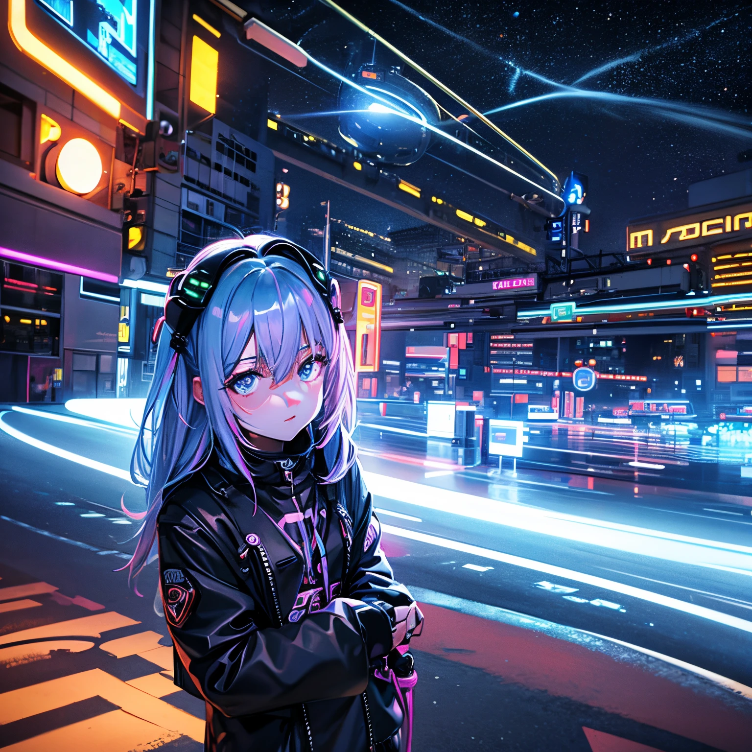 On the neon street , 18-year-old youth girl, light trails cars, spaceships, a space tower