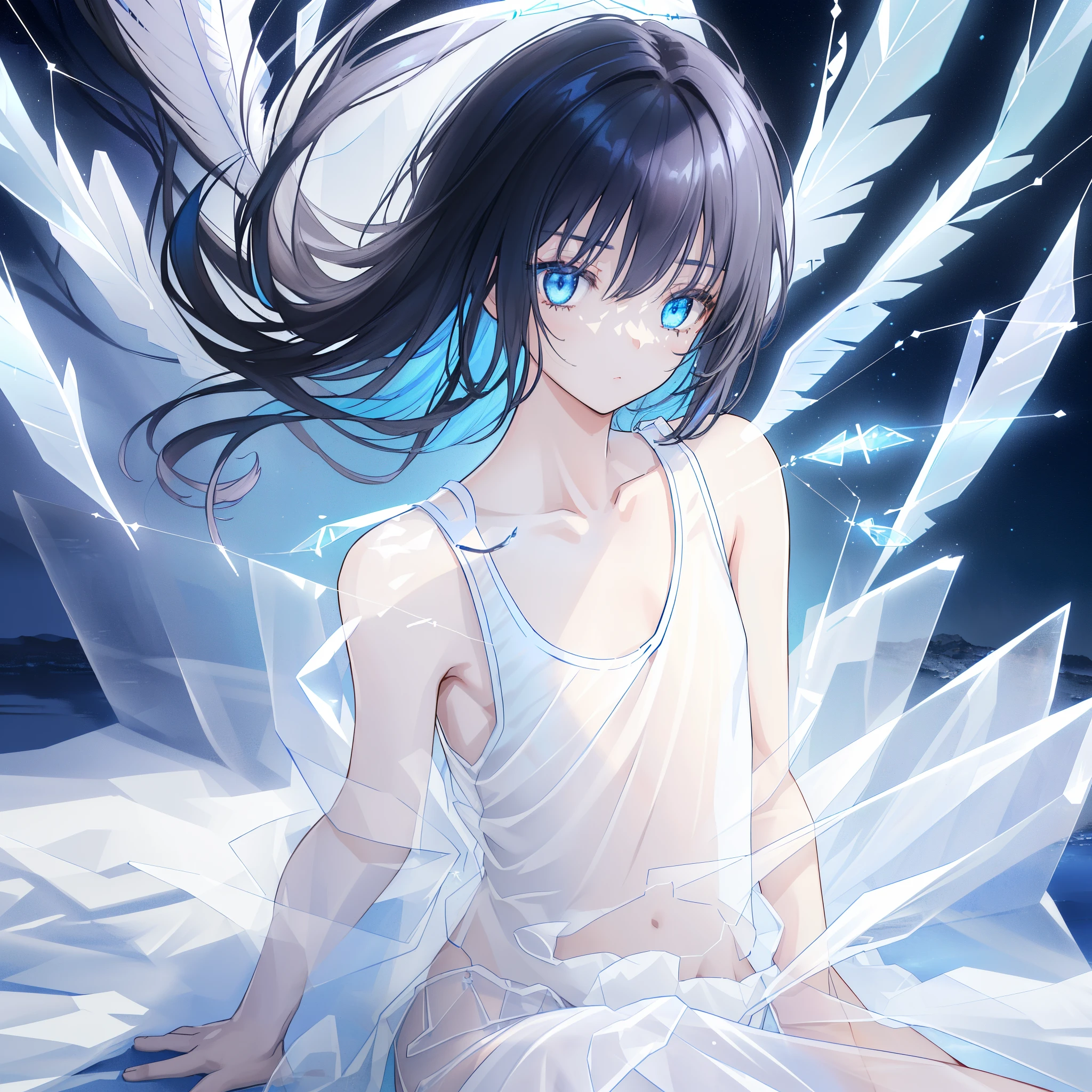 (((A medium view)) of a black haired anime  girl, (sitting near a (river), ((strong sunlight)), cinematic light, slim body, skin is perfectly healthy, soft, and smooth, Extremely delicate and beautiful CG illustration, best quality, high resolution, dynamic angle, full-length lens, (1 girl), floating, soft light, high-key lighting), glowing light, blue halo, feathers fluttering background, blue crystal, (((wearing nothing but a white (pure) (transparent) tank top))), ((very cinematic))