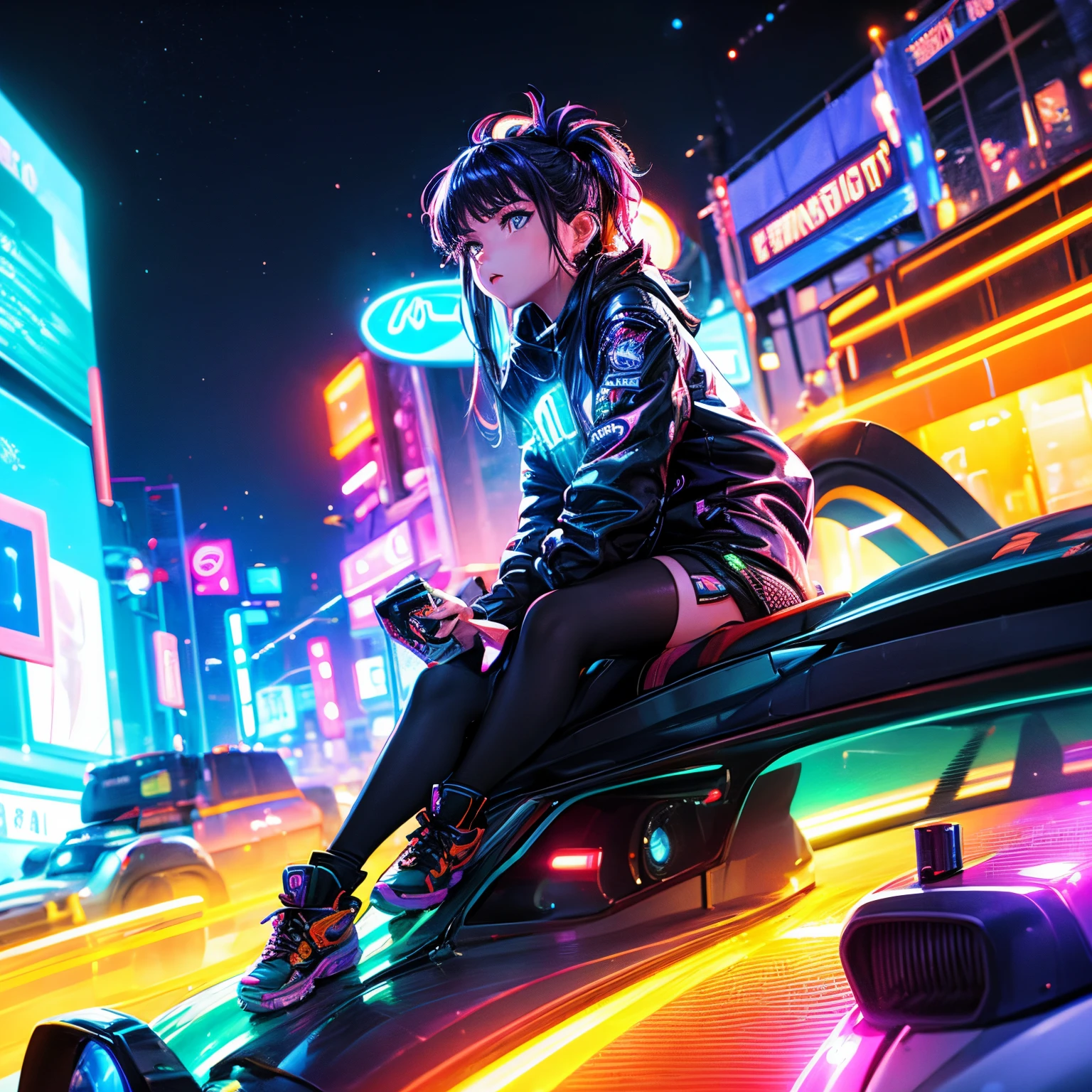 On the neon street, 18-year-old youth girl, light trails cars, spaceships, a space tower, oil painting, vibrant colors, glowing lights, best quality, ultra-detailed, realistic