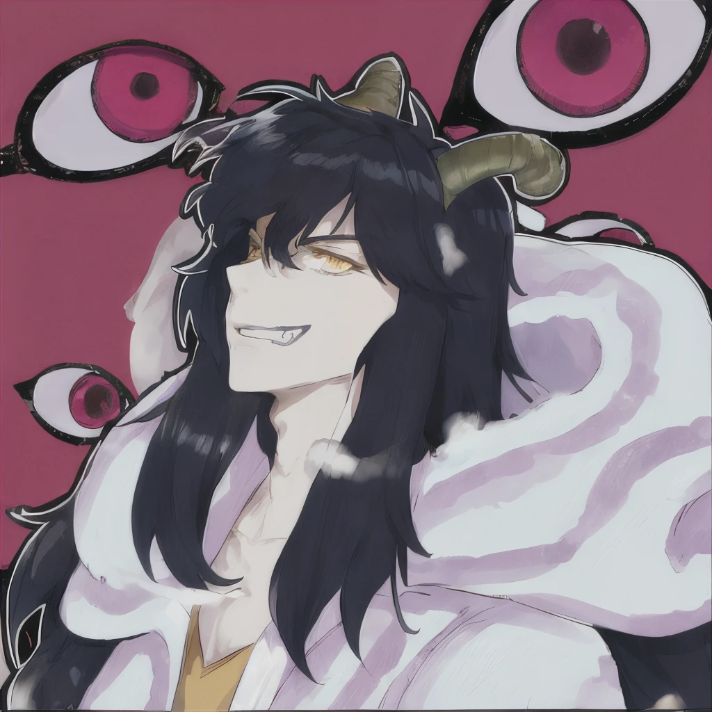 Cartoon style, anime boy, black long hair, metalhead boy, vampire boy, yellow eyes, smoke clothes, smoke around, yellow horns