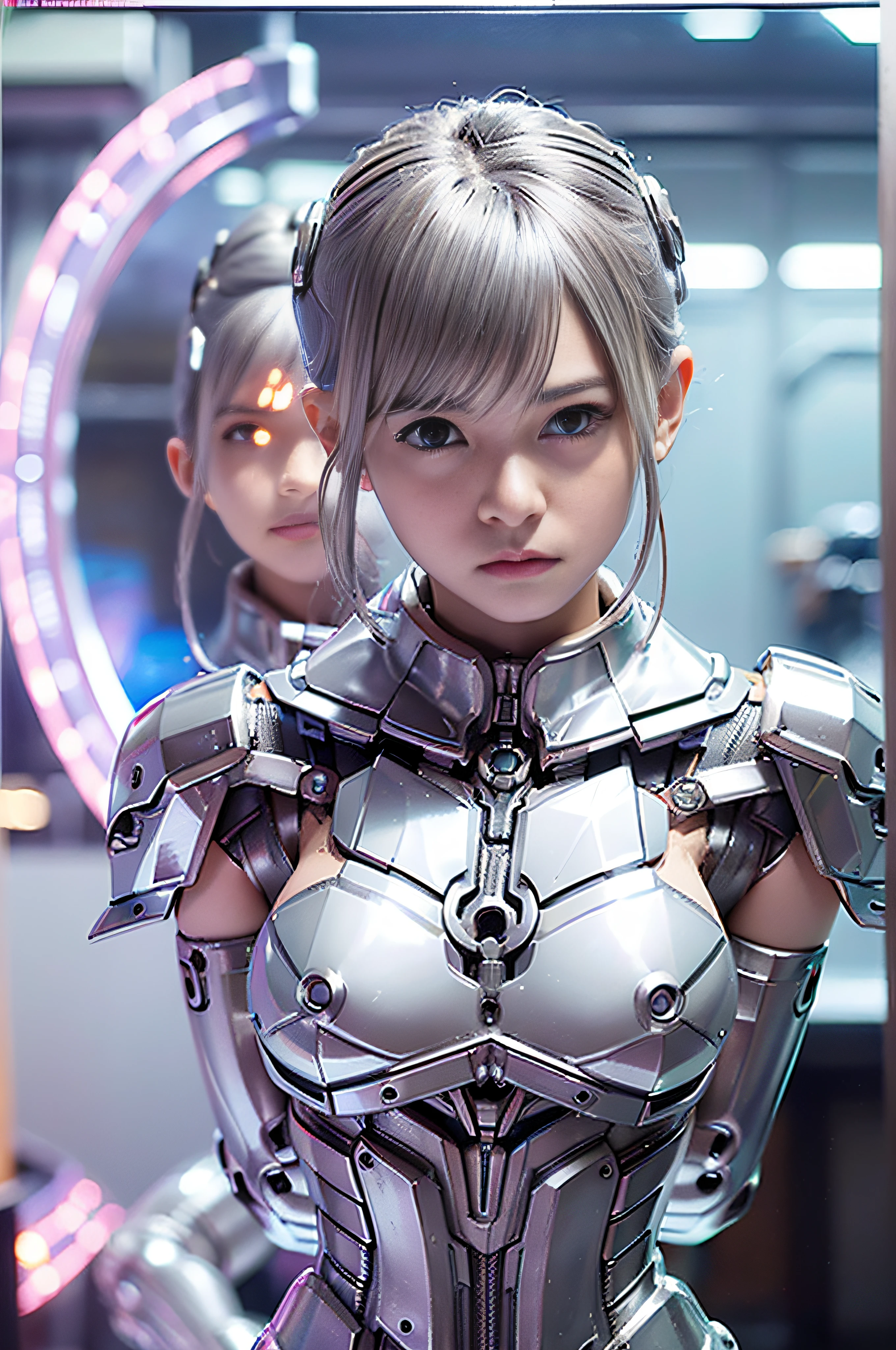 top-quality、​masterpiece、超A high resolution、(Photorealsitic:1.4)、nfsw, Raw photo、1人、(platinum silver hair)、((fullnude:1.4)), (Naked little:1.4), (((Only the bust exposes the skin:1.4))), (Hard erection:1.4), ( looking upwards:1.4), Except for the chest, Everything is a mechanical body, ((super realistic details))、portlate、globalillumination、Shadow、octan render、8K picture quality、ultrasharp、((All machine metal is mirror silver plated.:1.4))、Details of complex ornaments、Mechanical skeleton、Blood vessels in the tube、highly intricate detail、Realistic light、CGSoation Trends、a purple eye、radiant eyes、Facing the camera、neon details、Limbs of the machine、mechanical vertebra、Mechanical neck、sitting on、Wires and cables connecting to the head、((Very embarrassed look:1.4)), Gundam、Small LED lamp、(Purple lighting from behind)、
