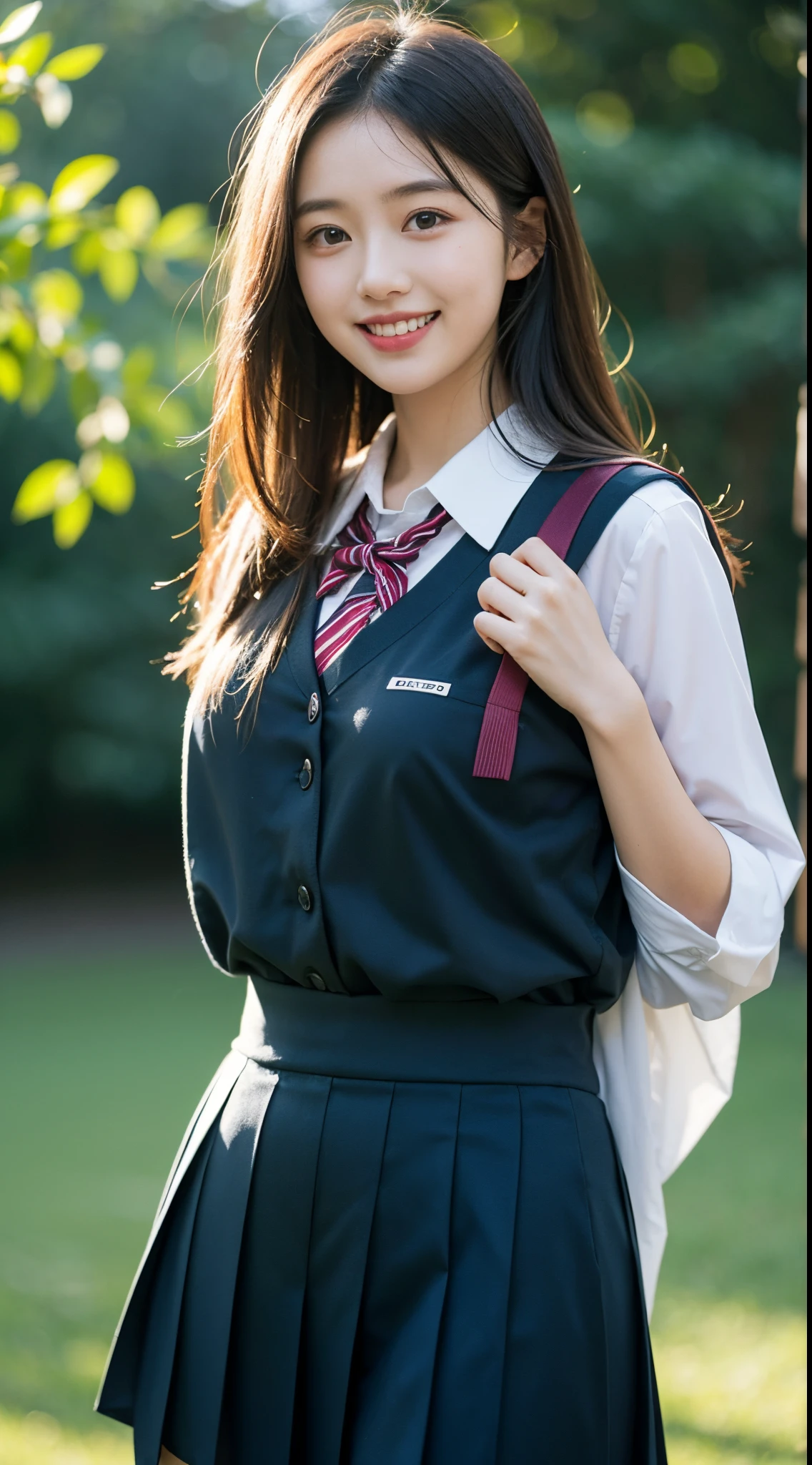 girl, long whitr hair,japanes ,Happy smile, dark blue school uniform,schools, Stand up,Side Body, actual,with dynamism, Green background, Extremely Delicately Beautiful, The is very detailed