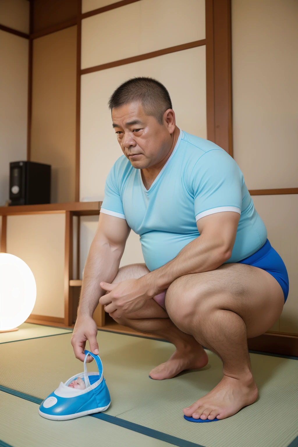 A thick man is 50yo in japan, He stand and slouching look down, dwarfism, Wearing a light blue short sleeve and white diaper, Pampers, Pacifier and bib, Bare legs, crew cut, tearful, sobbing, There is a small puddle at his feet, from side, playroom, a picture, high detail photo, masterpiece