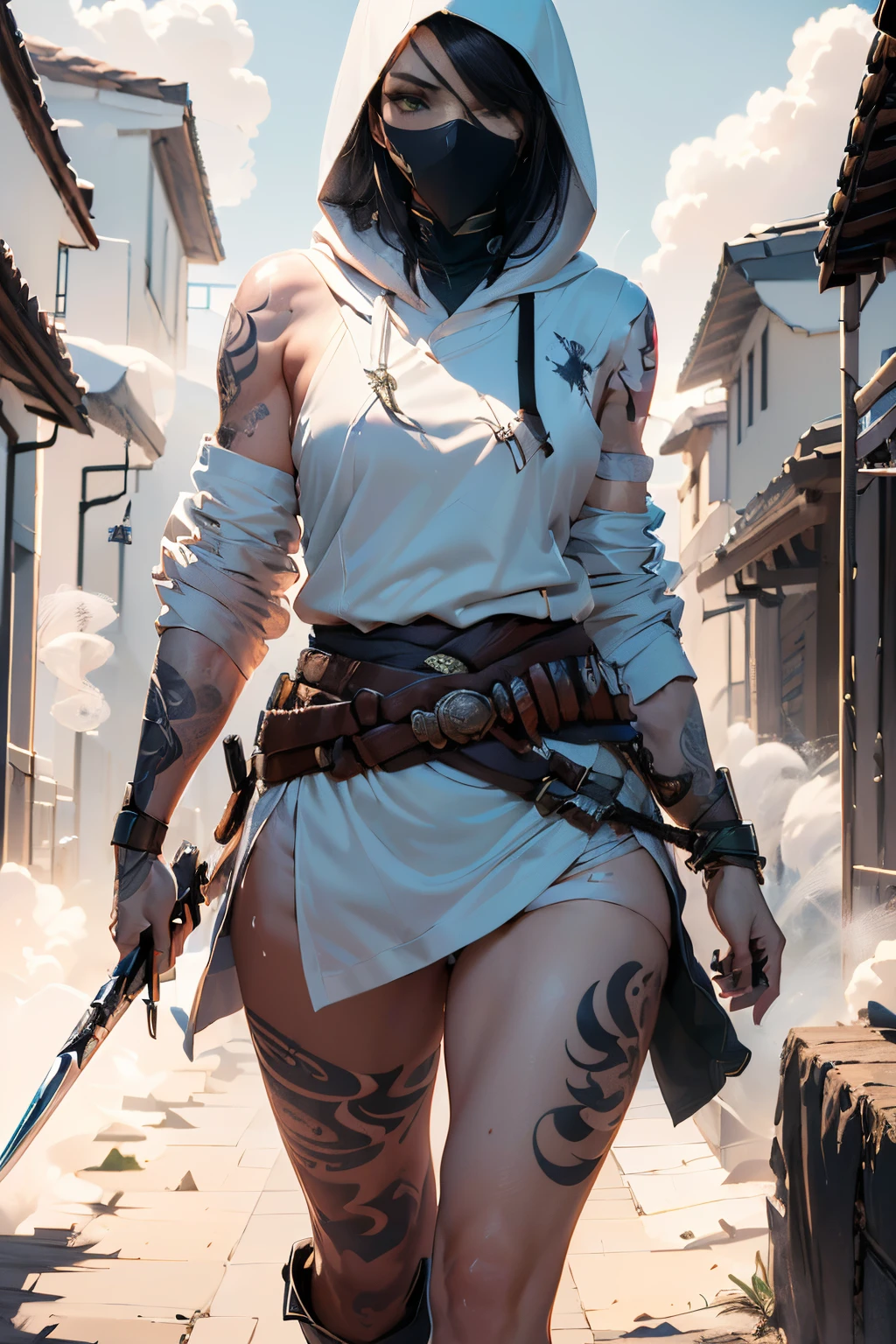 (Best quality at best,4K,8K,A high resolution,tmasterpiece:1.2),Smoke background, akali, 1girl, long_sleeves,white hood,white short panties,,tattoo , standing, full_body, weapon,scythe,Dagger,,white boots, white belt,white mask,outdoors,buildings