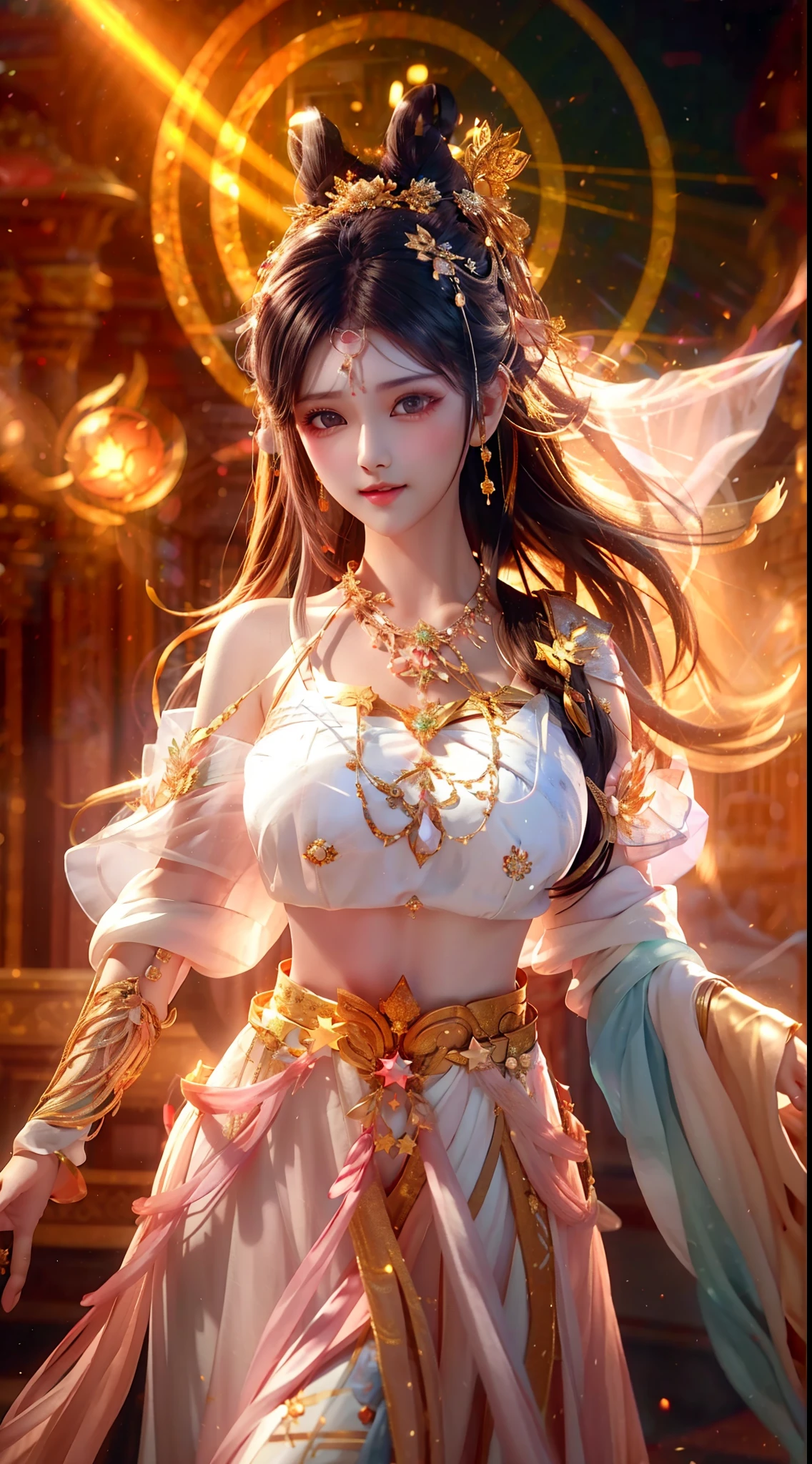 best quality, masterpiece, highres, 1girl,blush,(seductive smile:0.8),star-shaped pupils,white dress,hair ornament,necklace, jewelry,Beautiful face,upon_body, tyndall effect,photorealistic, dark studio, rim lighting, two tone lighting,(high detailed skin:1.2), 8k uhd, dslr, soft lighting, high quality, volumetric lighting, candid, Photograph, high resolution, 4k, 8k, Bokeh,huge tits,wide hips,(nsfw:0.6),