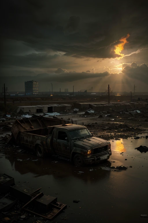 "dilapidated picture,flooded area,toxic dust,smoke, dark sky,lower angle view, person,2-meter robot,forced to work in construction,(best quality,4k,8k,highres,masterpiece:1.2),ultra-detailed,(realistic,photorealistic,photo-realistic:1.37),debris all around,crumbling buildings,deteriorating infrastructure,struggling cityscape,ominous atmosphere,heavy machinery,sunken roads,abandoned vehicles,desolate landscape,dark and gloomy color tone,dramatic lighting"