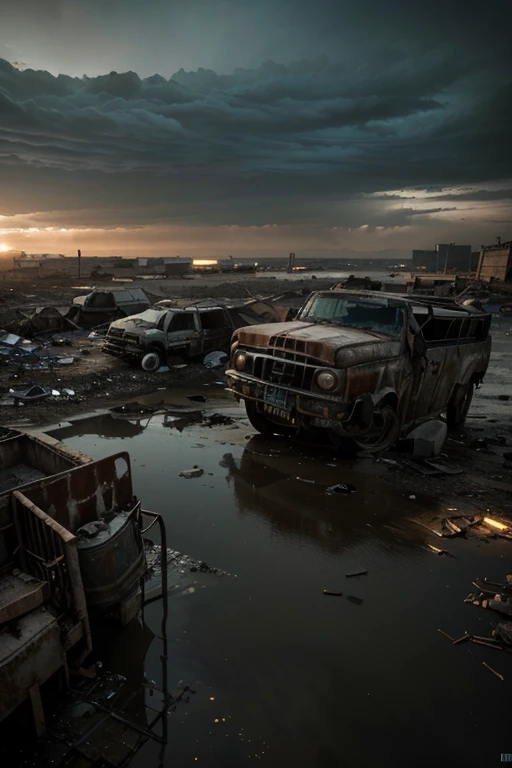 "dilapidated picture,flooded area,toxic dust,smoke, dark sky,lower angle view, person,2-meter robot,forced to work in construction,(best quality,4k,8k,highres,masterpiece:1.2),ultra-detailed,(realistic,photorealistic,photo-realistic:1.37),debris all around,crumbling buildings,deteriorating infrastructure,struggling cityscape,ominous atmosphere,heavy machinery,sunken roads,abandoned vehicles,desolate landscape,dark and gloomy color tone,dramatic lighting"