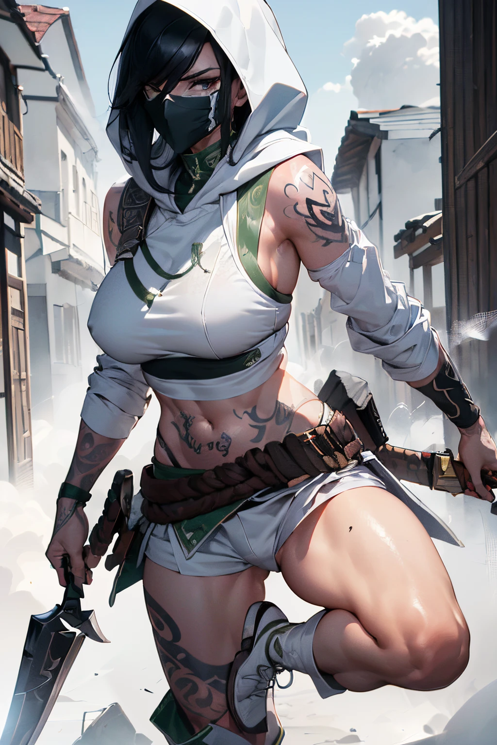 (Best quality,4K,8K,A high resolution,tmasterpiece:1.2),Smoke background, Akali, 1个Giant Breast Girl, long_the sleeve,White hood,White shorts,,Tattooed with , Permanent, full_body, arma,sickle,daggers,,White boots, Leucorrhoea,White mask,Outdoor activities,buildings