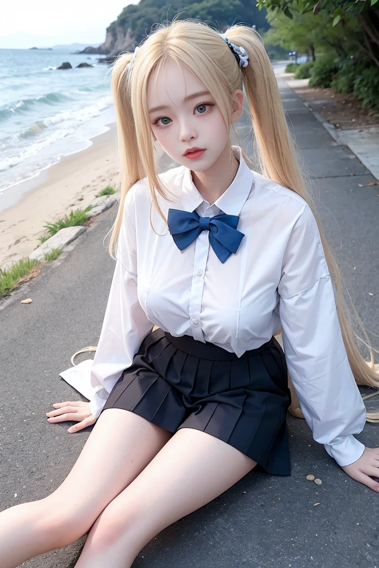 a black pleated skirt、white shirt、tiese、真实感, A high resolution, 1 girl, White hair, korean people, heterochromatic eyes, Small moles under the eyes, 校服, high school clothes,Full, large breasts, blue hair、(Blonde Net)、sea beach、exteriors、Pigtails straight hair、ys、on the floor on all fours、shorter pants、hime-cut、jetty、