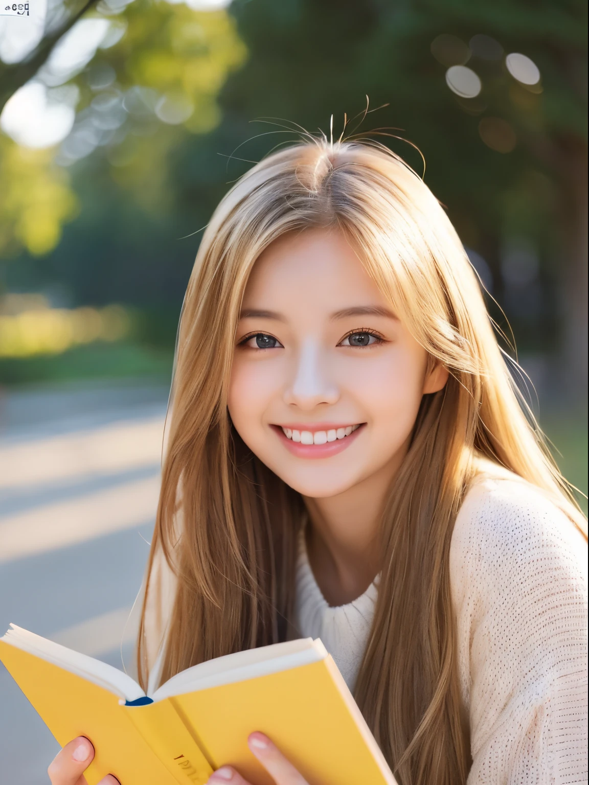 top-quality、​masterpiece、(Photorealsitic:1.4)、1girl in、smile eyes、(ulzzang -6500-v1.1:1.0)、a blond、Brown eyes、20yr old、Beautuful Women、女優、Reading a book