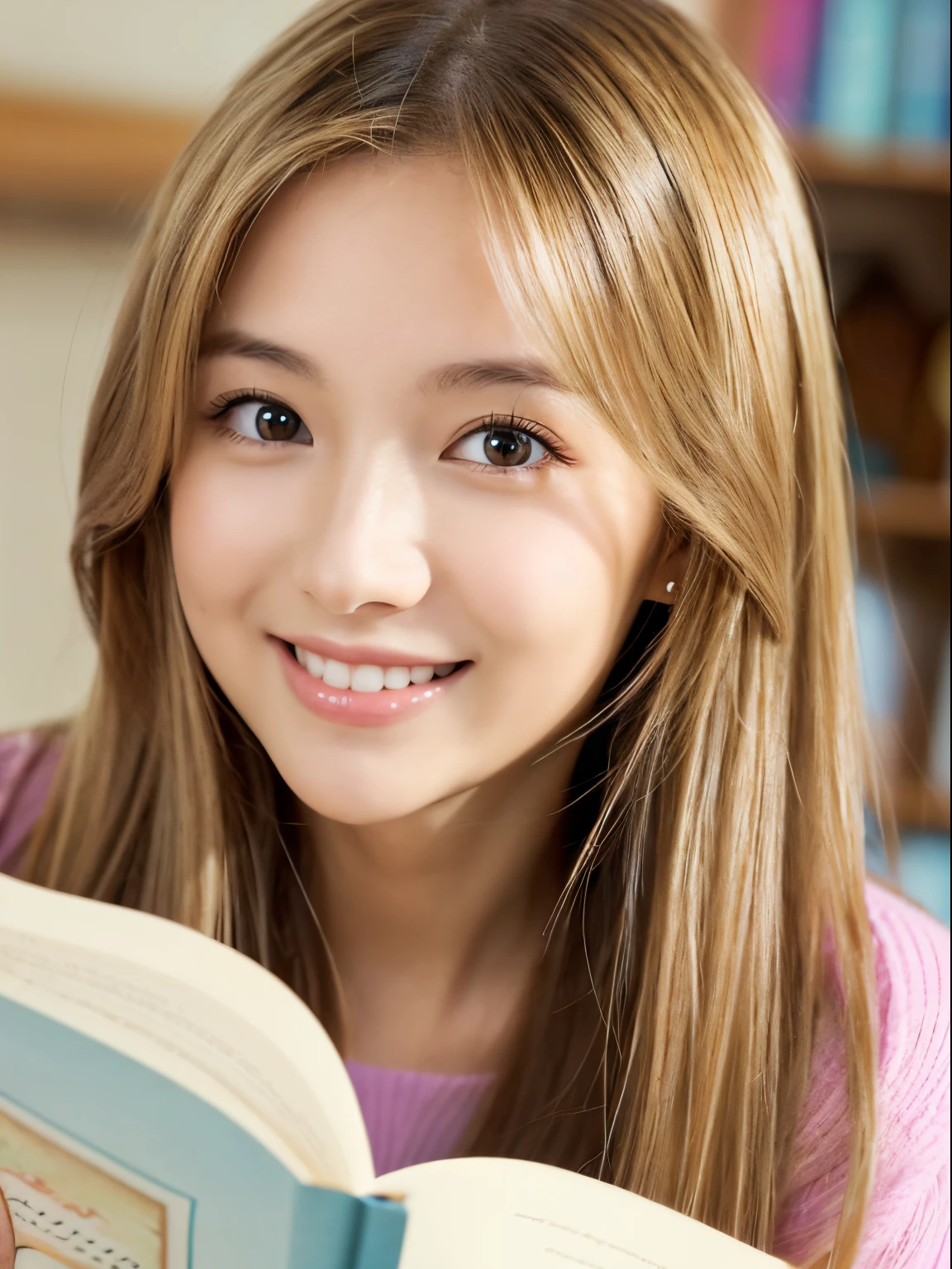 top-quality、masterpiece、(Photorealsitic:1.4)、1girl in、smile eyes、(ulzzang -6500-v1.1:1.0)、a blond、Brown eyes、20yr old、Beautuful Women、女優、Reading a book