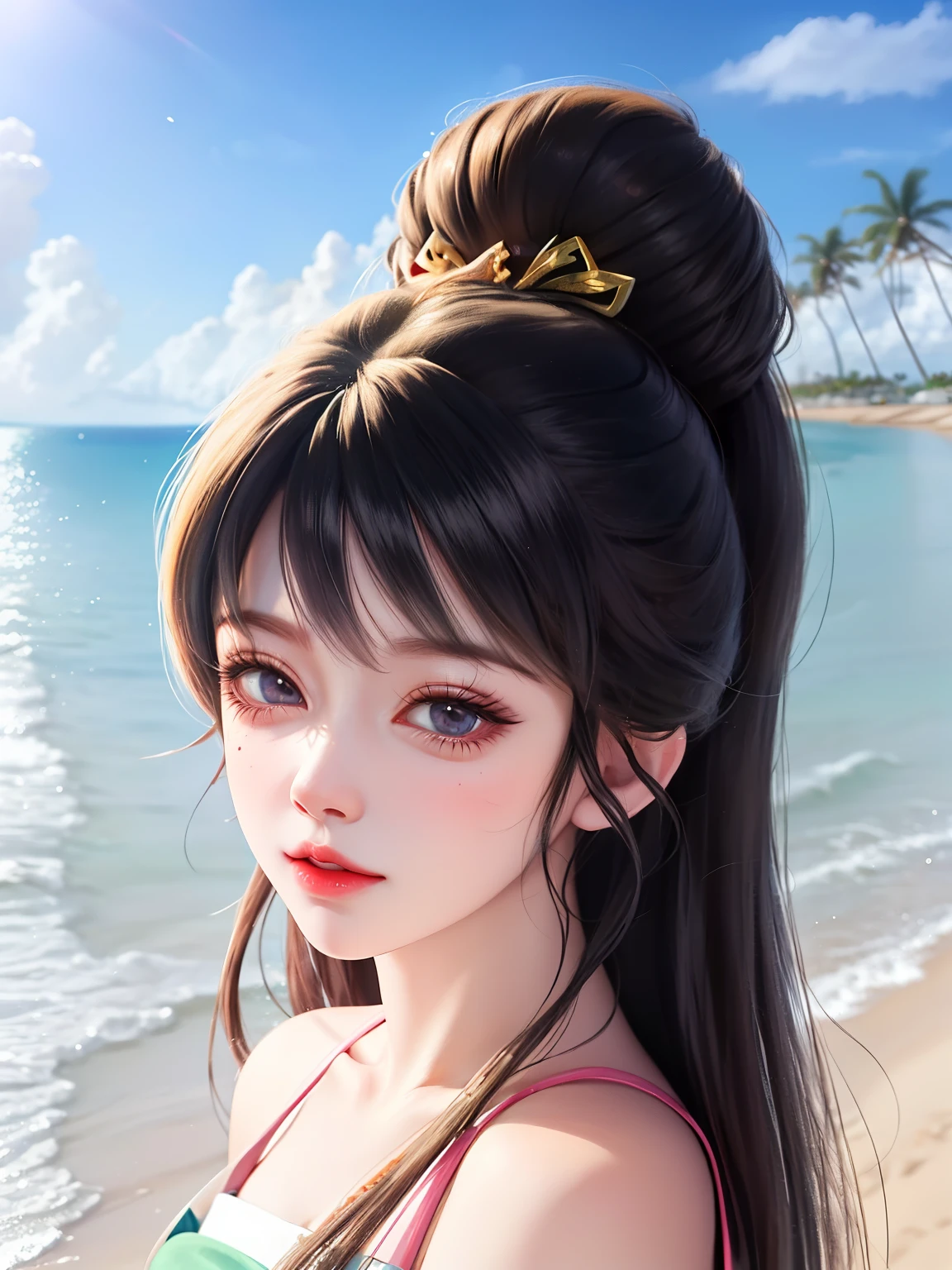 anime girl with long black hair standing on beach with palm trees, anime thai girl, guweiz, realistic anime 3 d style, artwork in the style of guweiz, cute anime girl, cute art style, anime girl, young anime girl, anime girl in real life, beautiful anime girl, kawaii realistic portrait, style anime, girl on the beach