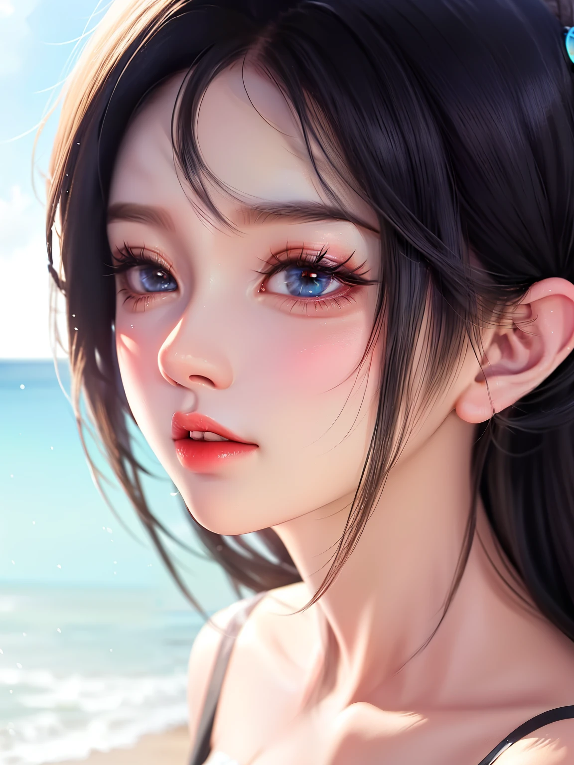 anime girl with long black hair standing on beach with palm trees, anime thai girl, guweiz, realistic anime 3 d style, artwork in the style of guweiz, cute anime girl, cute art style, anime girl, young anime girl, anime girl in real life, beautiful anime girl, kawaii realistic portrait, style anime, girl on the beach, full body