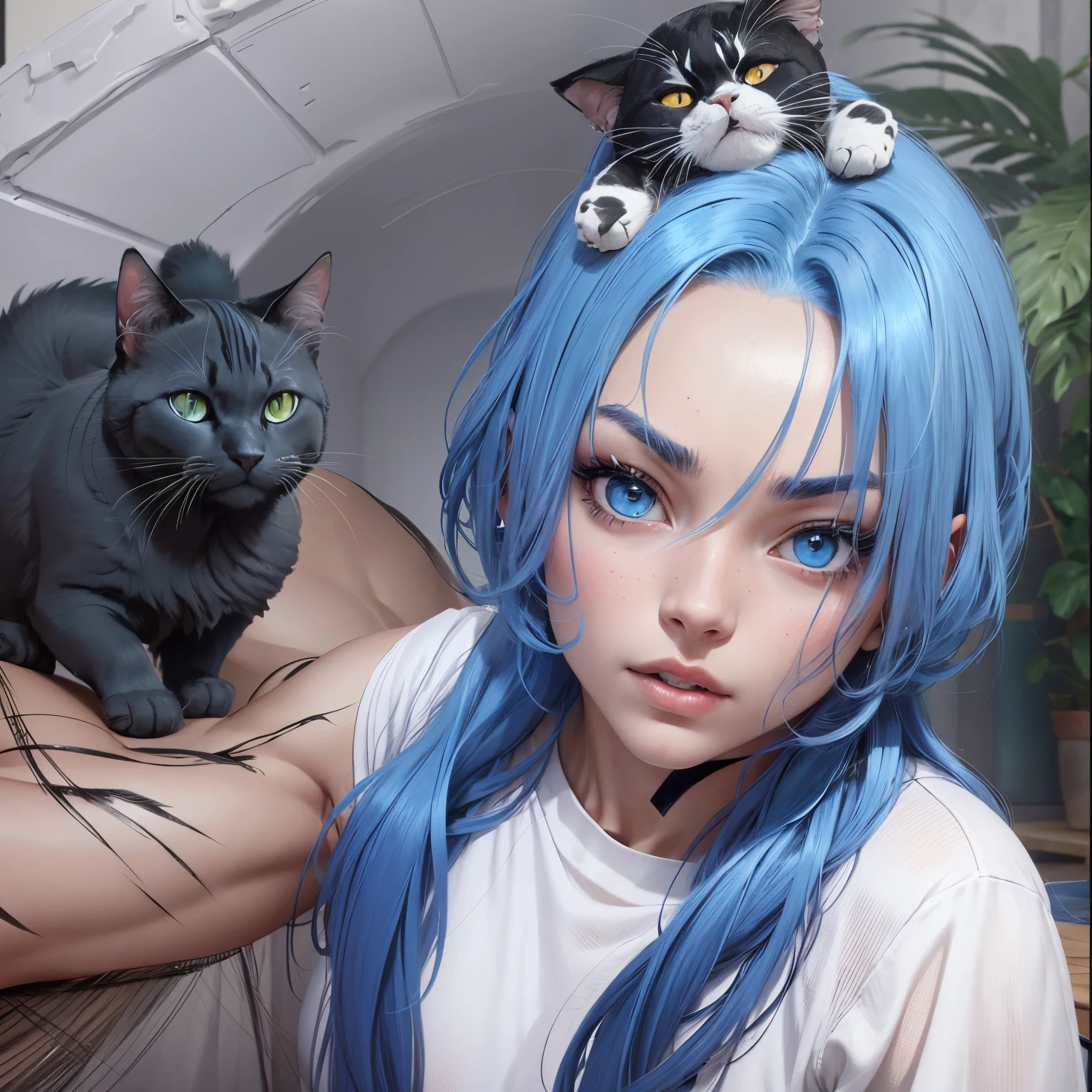 girl with blue hair and a cat on her head, black cat soya from a girl, Surprised look, A well-developed face, worked voloms, blue wide eyes, white tshirt, ultra high res.phutorealistic:1.4,UHD, Close-up of a man, standing in front of a punching bag, no shirt :: high detail, muscular character, slim and muscular physique ultra high res.phutorealistic:1.4,UHD.  Realistic，High resolution without, Masterpiece, Best Quality, Ultra-detailed, better shadow, voluminous lighting), Super High Quality, High Resolution, 8K, Hyperrealistic portrait , photorealestic, dinamic lighting, voluminous lighting, Very Detailed Faces