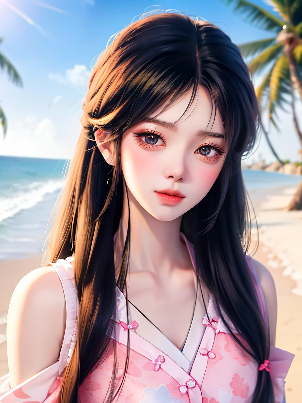 anime girl with long black hair standing on beach with palm trees, anime thai girl, guweiz, realistic anime 3 d style, artwork in the style of guweiz, cute anime girl, cute art style, anime girl, young anime girl, anime girl in real life, beautiful anime girl, kawaii realistic portrait, style anime, girl on the beach, full body