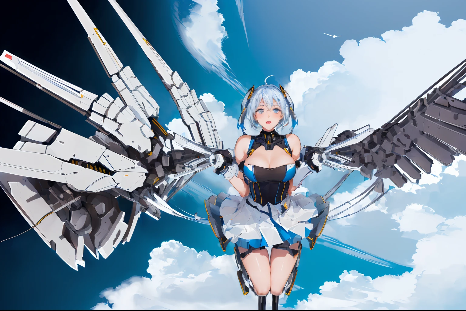 (Mechanical_wings:1.4), (thrusters:1.4), 1 plump girl,Alone, Full body lesbian,(mecha girl:1.1),wings, (Fly in the sky:1.3), floating, blue-sky, cloud, A pair of wings, Asymmetrical wings, she spreads her wings, Mechanical wings, (tmasterpiece, Best quality, high high quality, A high resolution, ultra - detailed),