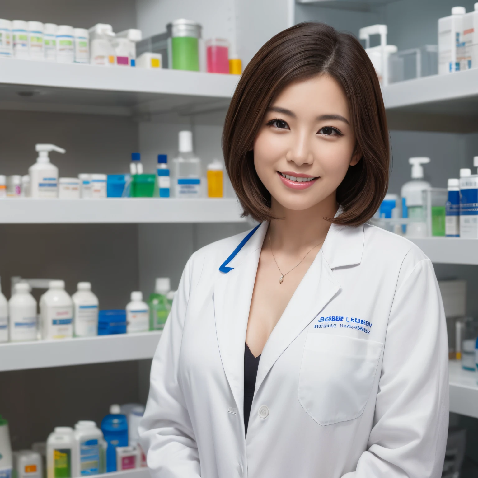((top-quality、masutepiece、8K、Top image quality、Hyper-Realism、SFW))、(1 photo:1.2)、1 woman wearing a white coat、female scientist、standing in a university laboratory、(detailed medicine cabinet:1.3)、perfect anatomia、shirt and white coat、cleavage of the breast、smile looking at me、cowboy shot、short-hair、Bright lighting、The most detailed and complex laboratory background