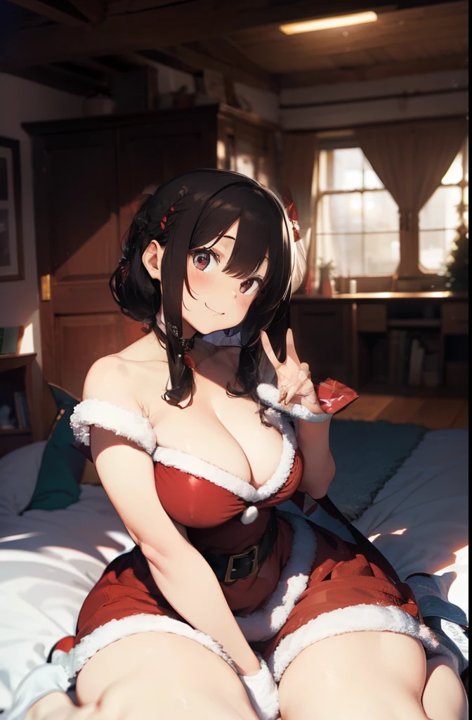 ultra-quality, ultla highres, Hyper Detailed, High contrast, Ultrafine Strike, creative refinement,A dark-haired,ssmile,Santa Claus Costume,Show cleavage,livingroom,5 fingers
