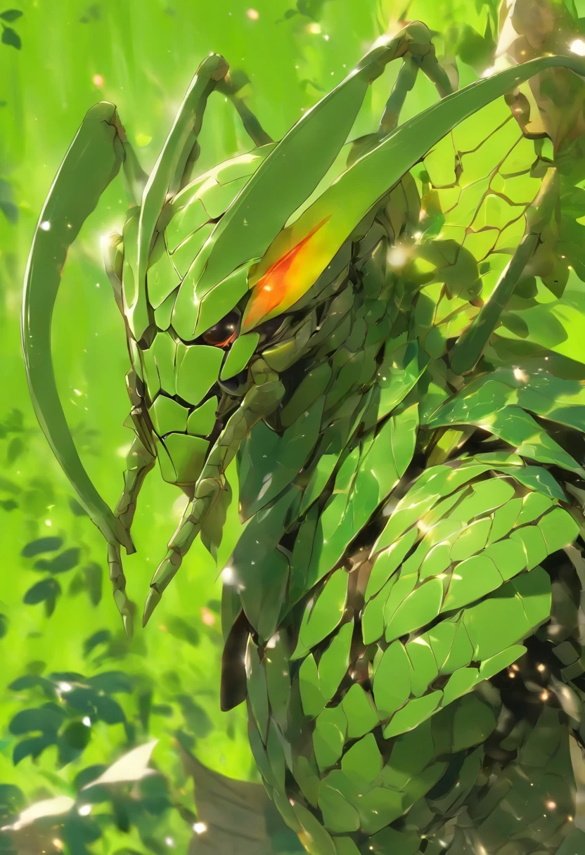 high quality rendering,(8K、Best quality at best、tmasterpiece:1.2)、(Endless realism、フォトリアリスティック:1.37)、hyper-detailing,hyper HD,A mantis magnified ten times,zerg,Live wallpaper,This is a painting of a mantis resting,(Dark green insect carapace:1.2),(Exaggerated mantis forelimbs,Carapace with leaf texture:1.3),{Death and Skeletons,three different elements, Time and Mantis, used to design this character.:1.4},monster hunter,((handsome insect,Wrapped in thick and powerful armor. metal panels are decorated with intricate patterns,This armor highlights the mantis's massive size' forelimb)),Insect characters in card games