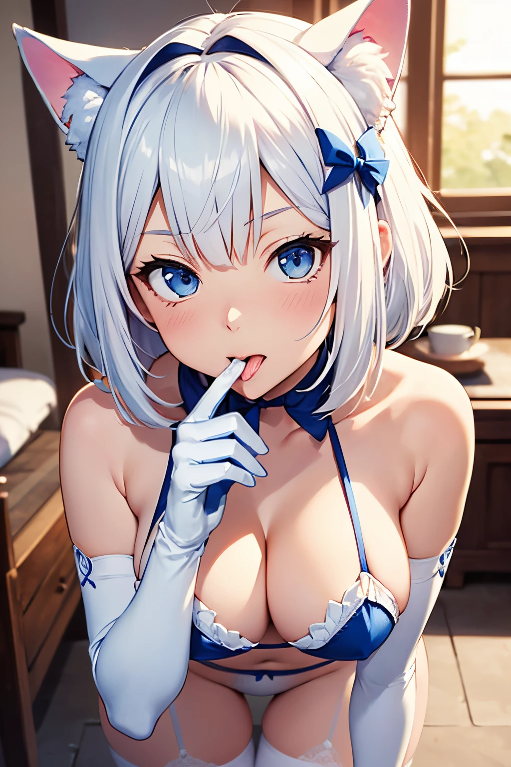 masutepiece high-level image quality Top image quality adult lady White Long Gloves((blanche)(Long gloves)) white stockings((blanche)(Stockings)(sole)) maikurobikini Wolf ears shorth hair((short-cut)(White hair)(Habitual hair)(fluffly)) Face seducing(Mouth open) Eye color is blue all-fours