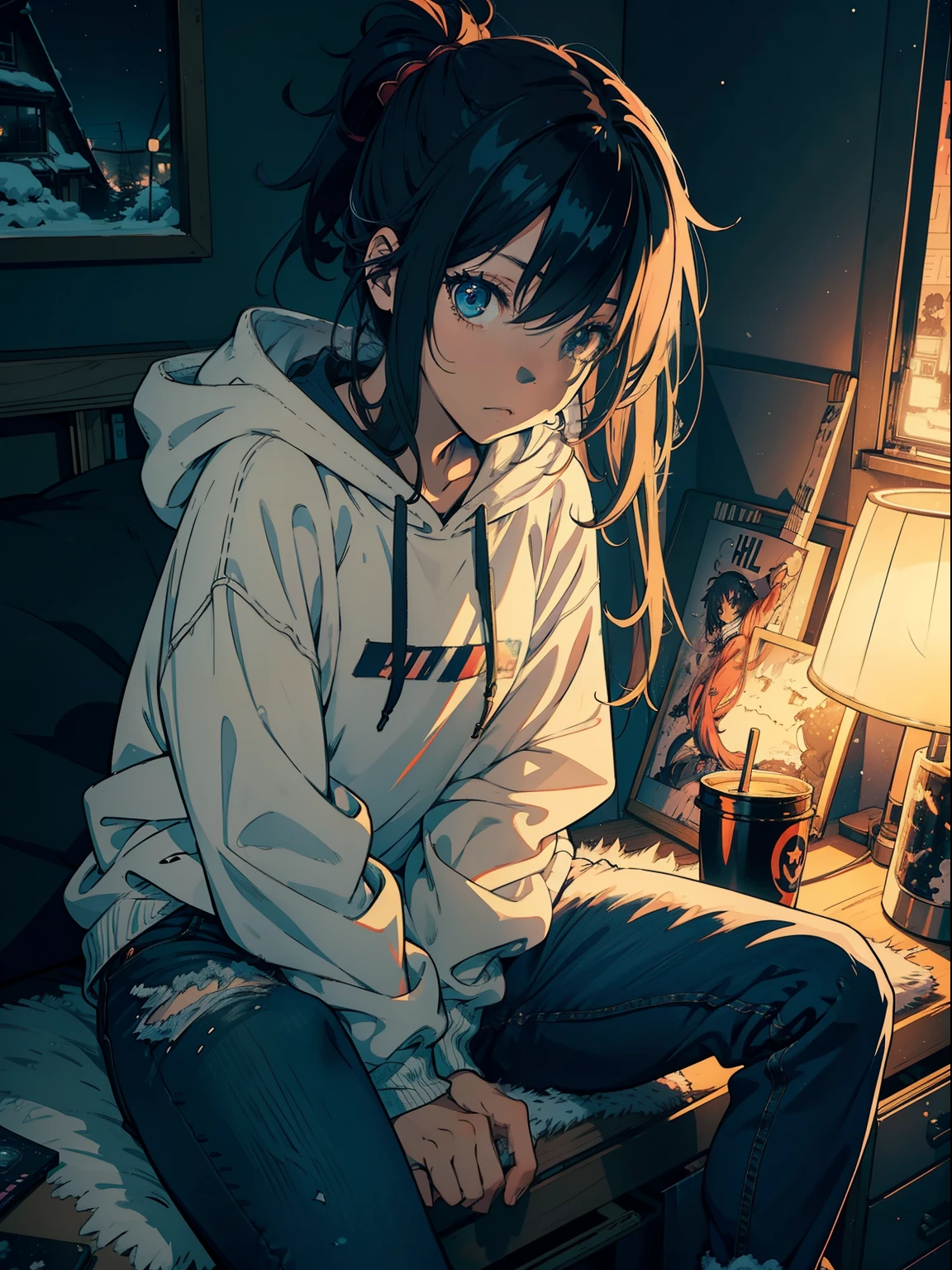 An anime girl wearing a hoodie, full jeans, messy hair, chilling in her room, winter night, (2d illustration:1.2), visual clutter, (1girl:1.3), ((chill vibes)), night